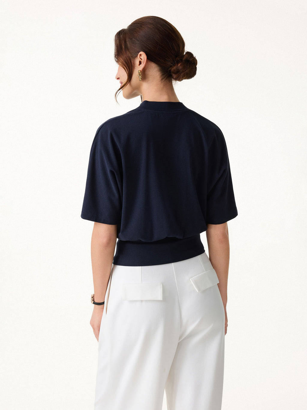 Stand Collar V-Neck Short Sleeve Top