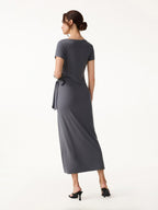 Cooling Wrinkle-Resistant Side Waist Tie Midi Dress with Slit