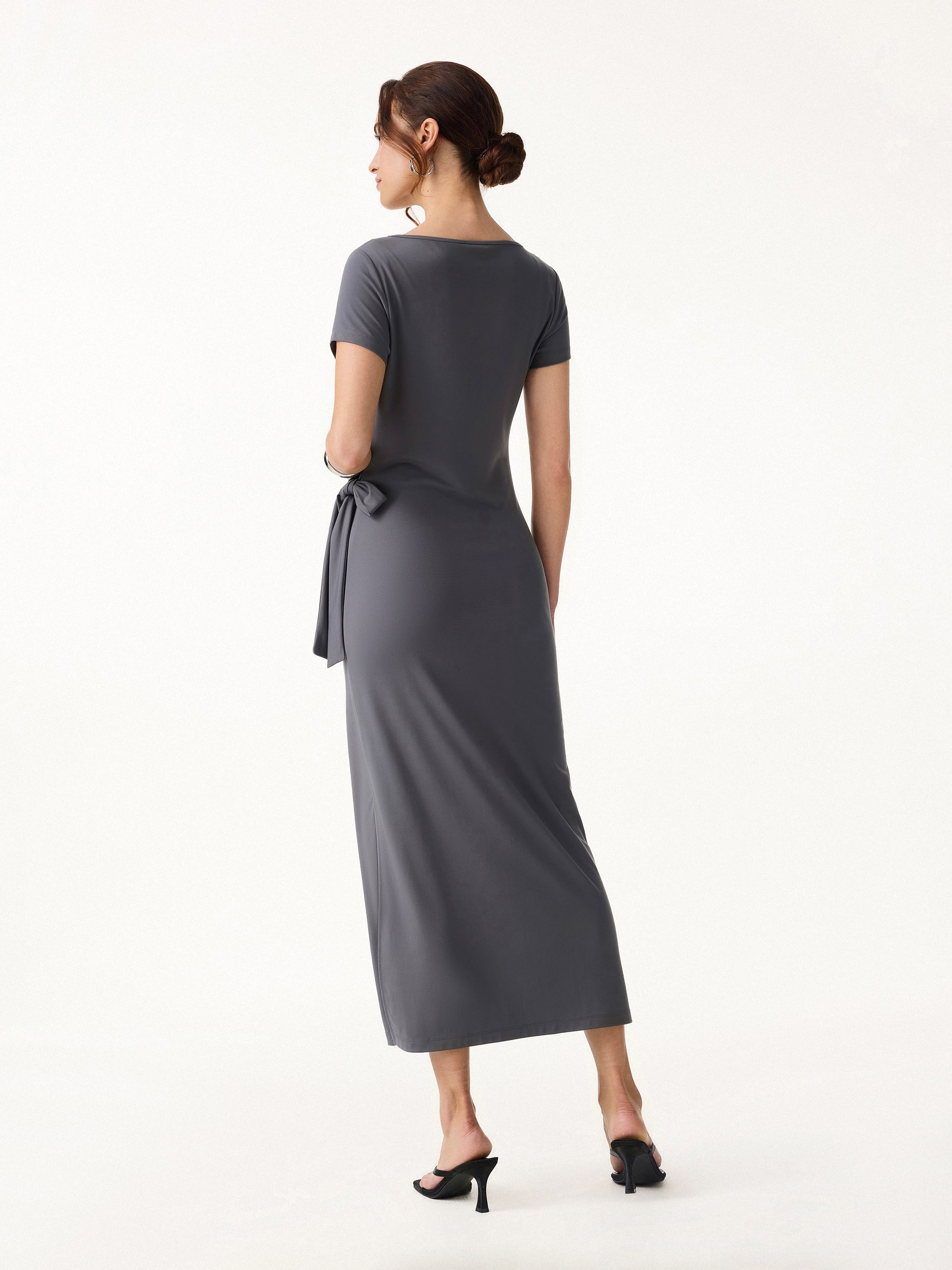 Cooling Wrinkle-Resistant Side Waist Tie Midi Dress with Slit