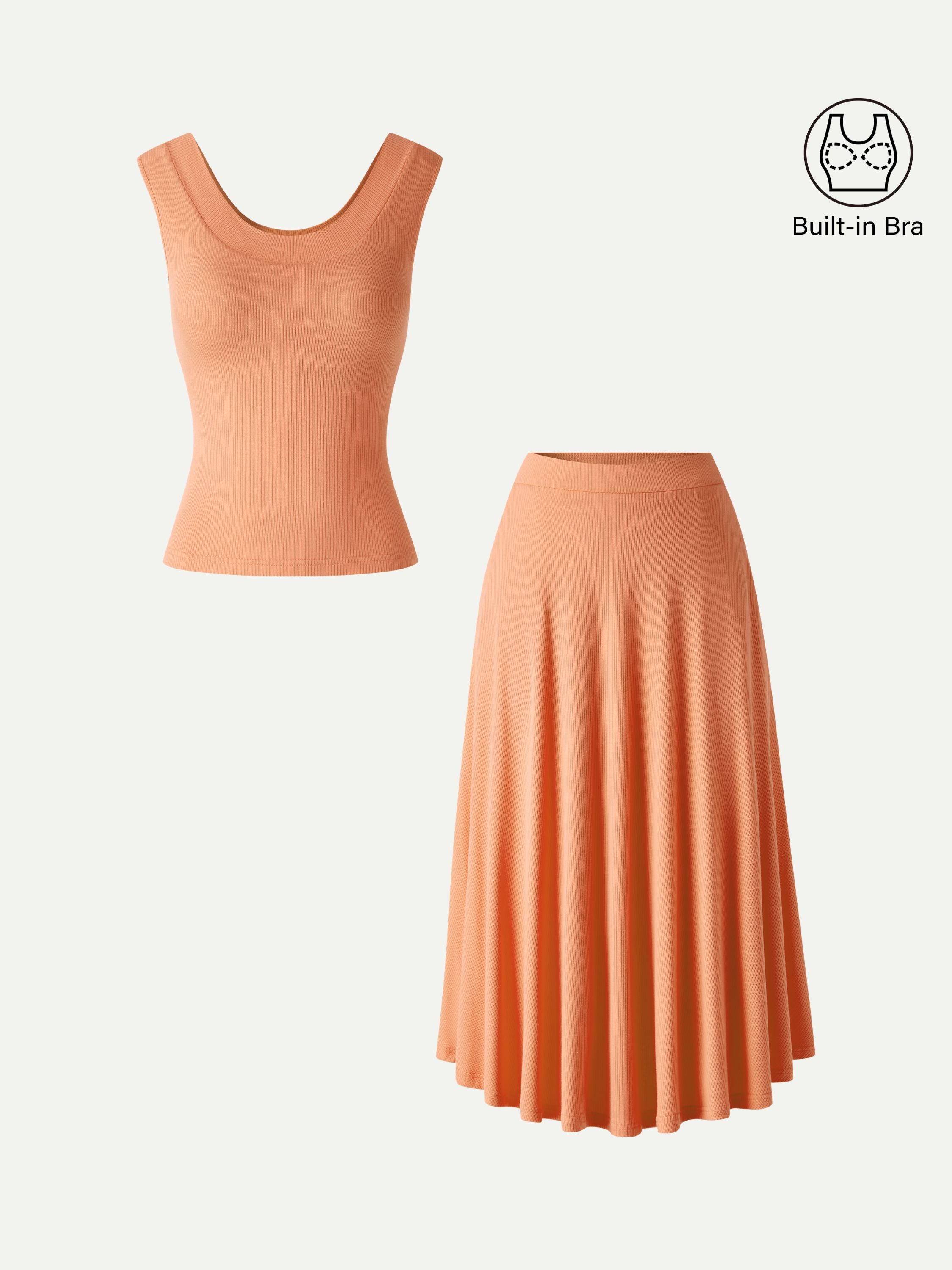 2Pcs Set U-Neck Bra Tank & Midi Skirt with Pockets
