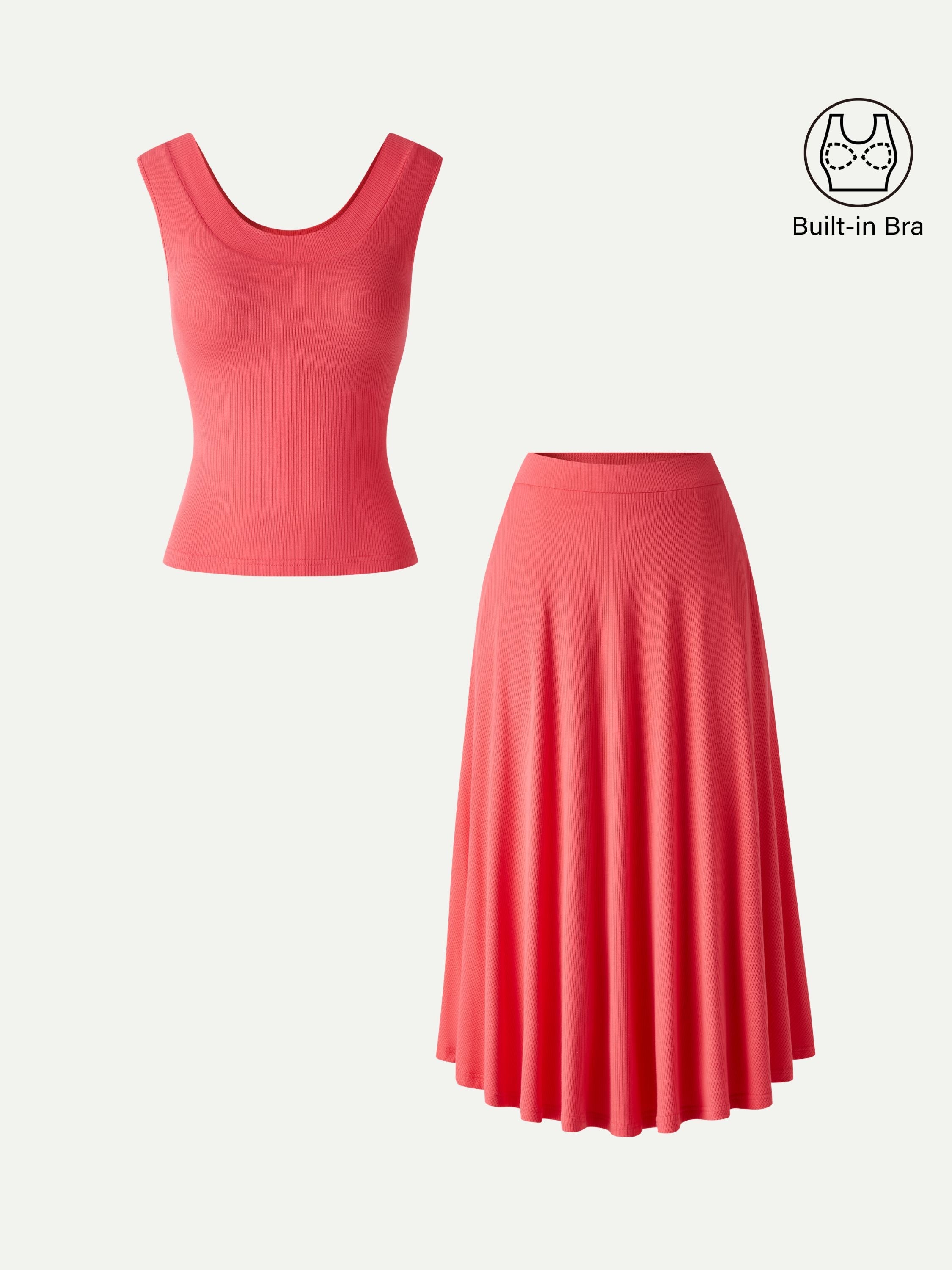 2Pcs Set U-Neck Bra Tank & Midi Skirt with Pockets