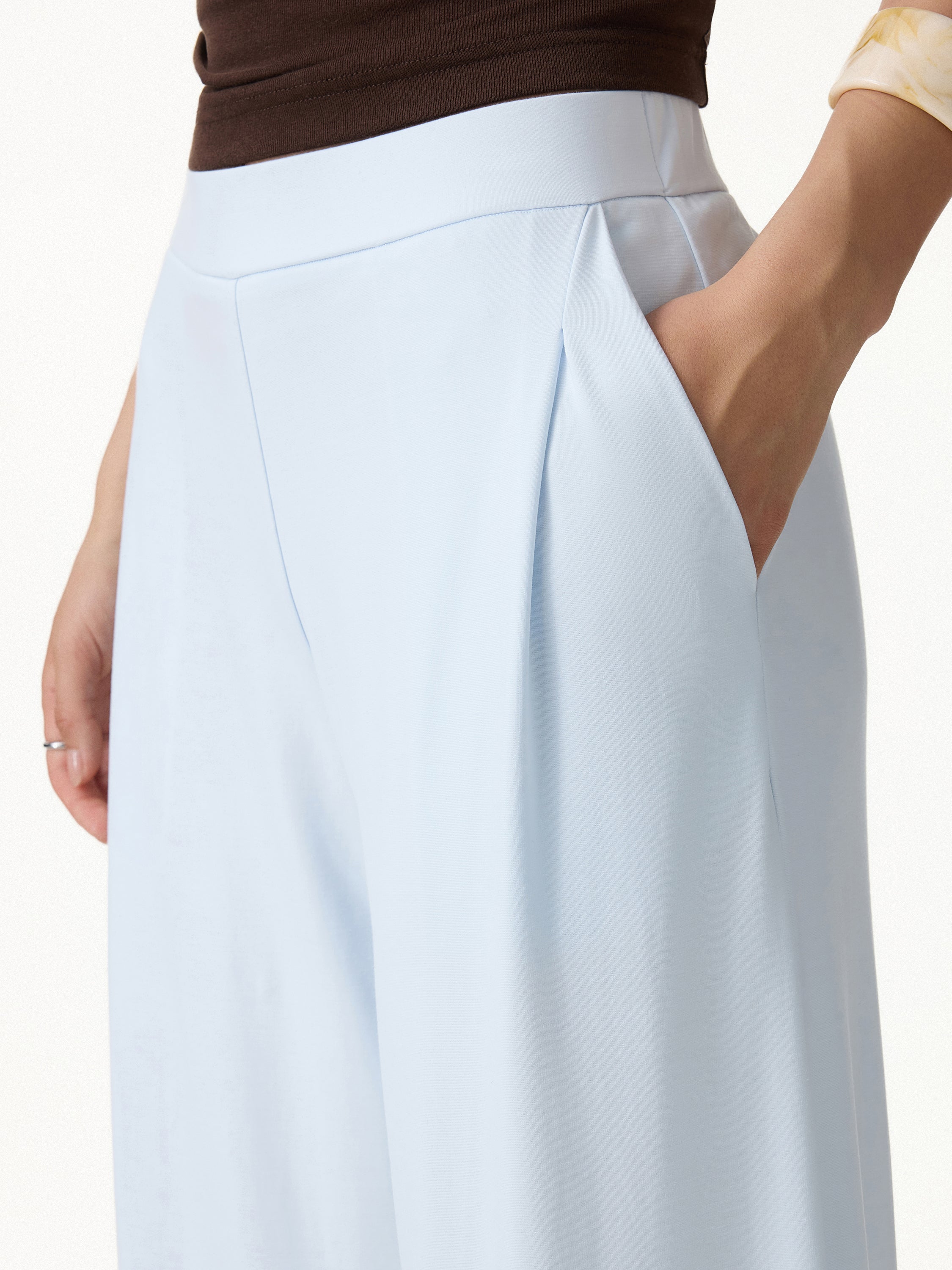 2Pcs Set Round Neck Ruched Tee & Mid Rise Wide Leg Pants