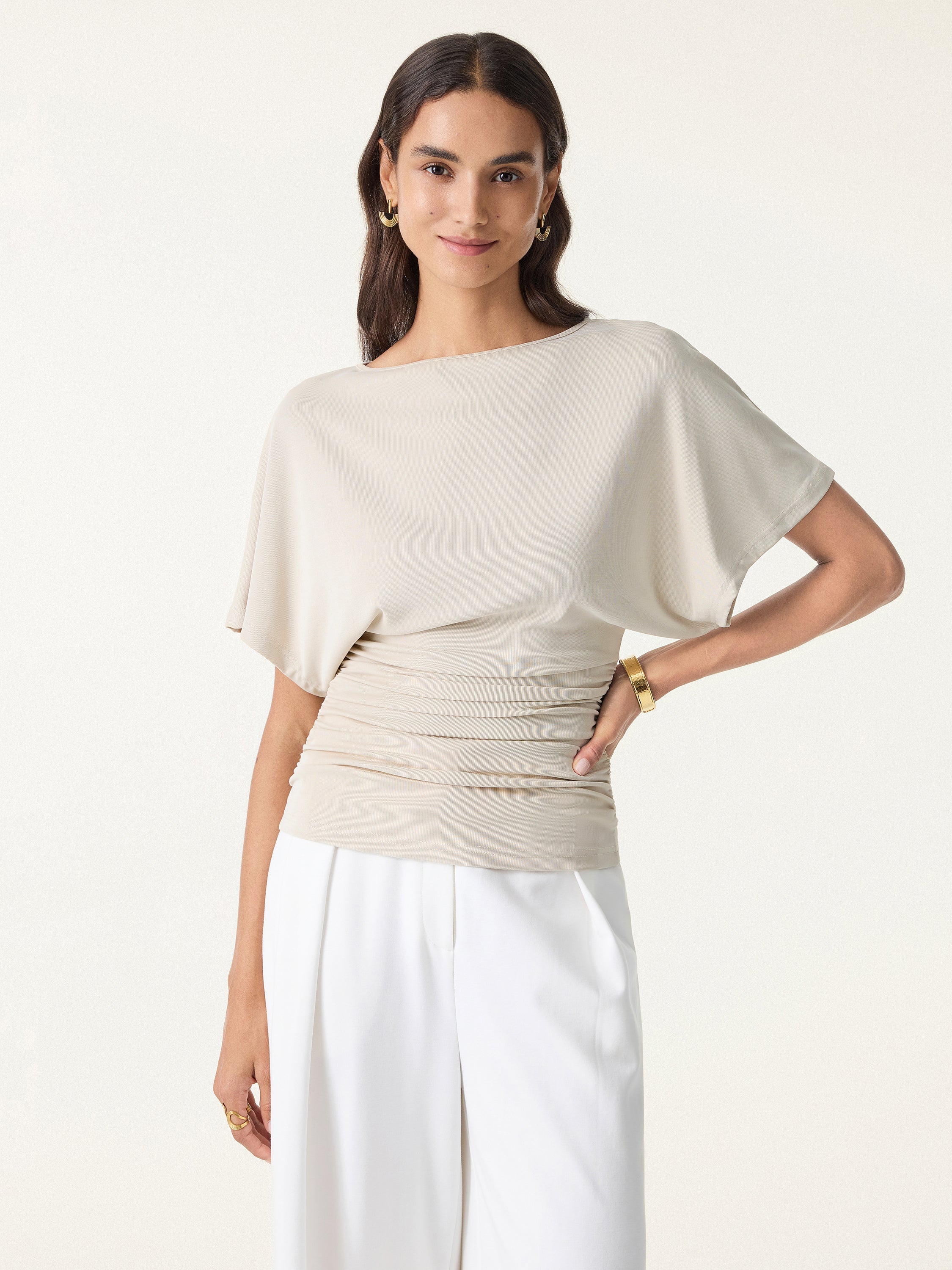 Effortless Boatneck Batwing Sleeve Side Ruched Top