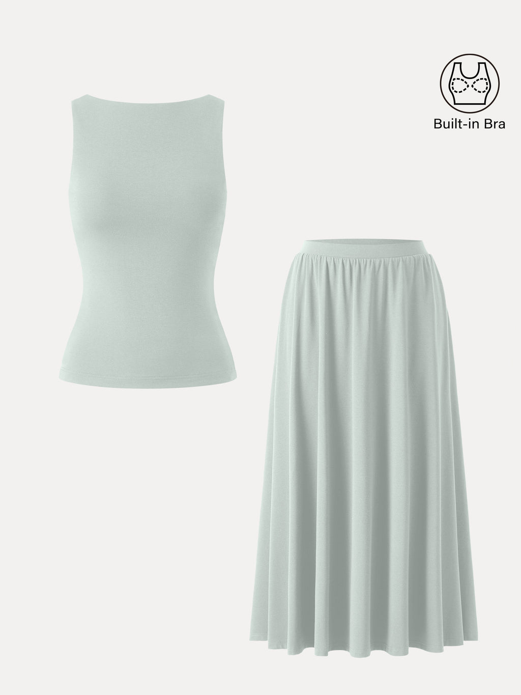 2Pcs Set Stretch Cotton Boatneck Bra Tank & Maxi Umbrella Skirt with Pockets
