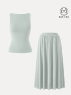 2Pcs Set Stretch Cotton Boatneck Bra Tank & Maxi Umbrella Skirt with Pockets
