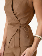2Pcs Set Wrap Top with Self-Tie & Drawstring Wide Leg Pant with Pockets