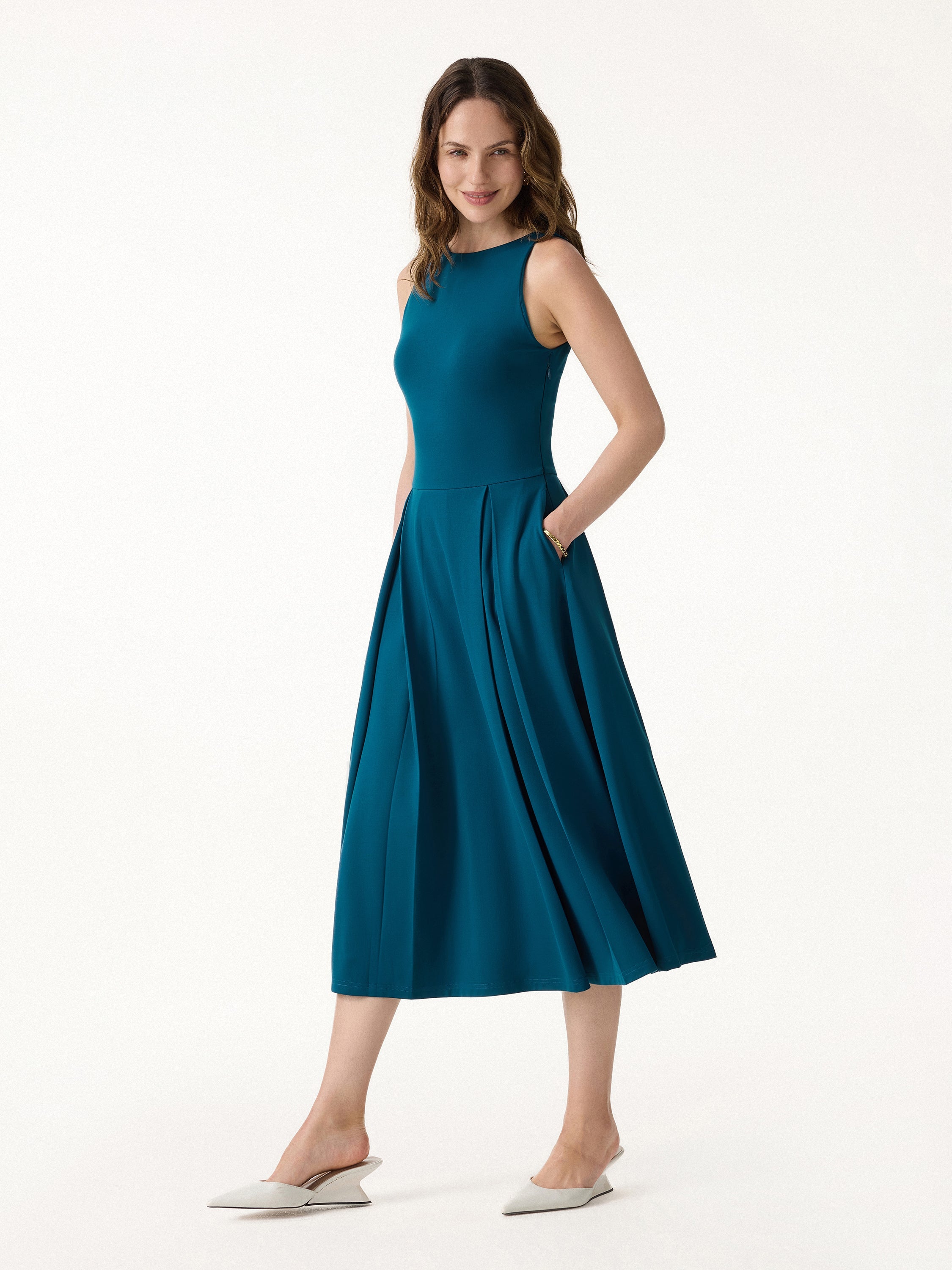 Boatneck Pleated Fit-and-Flare Midi Bra Dress with Pockets