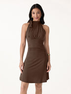 Milky Matte Mockneck Bow Tie Ruched Mini Bra Dress