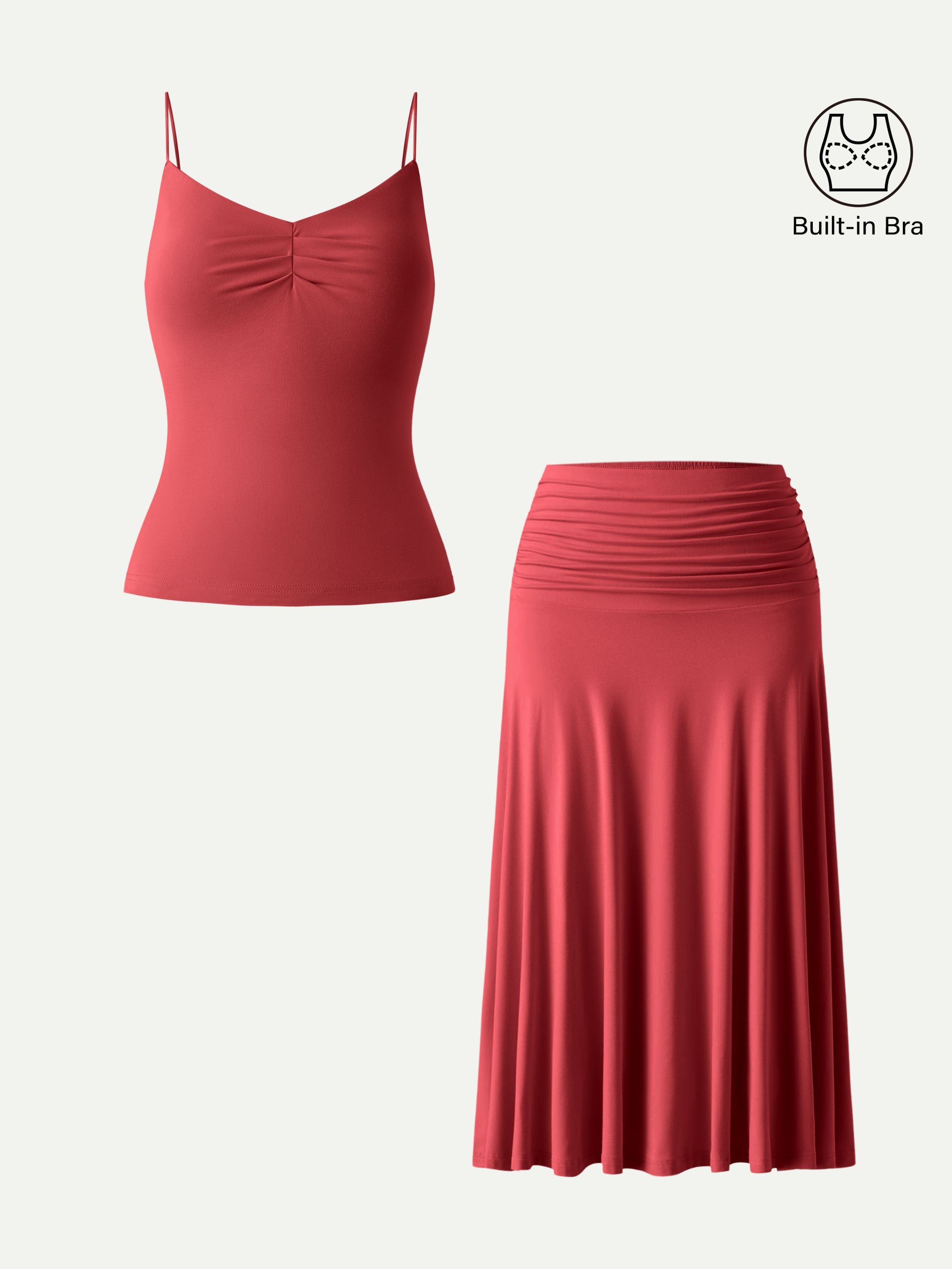 2Pcs Set Front Tucked Spaghetti Brami & A-line Midi Skirt