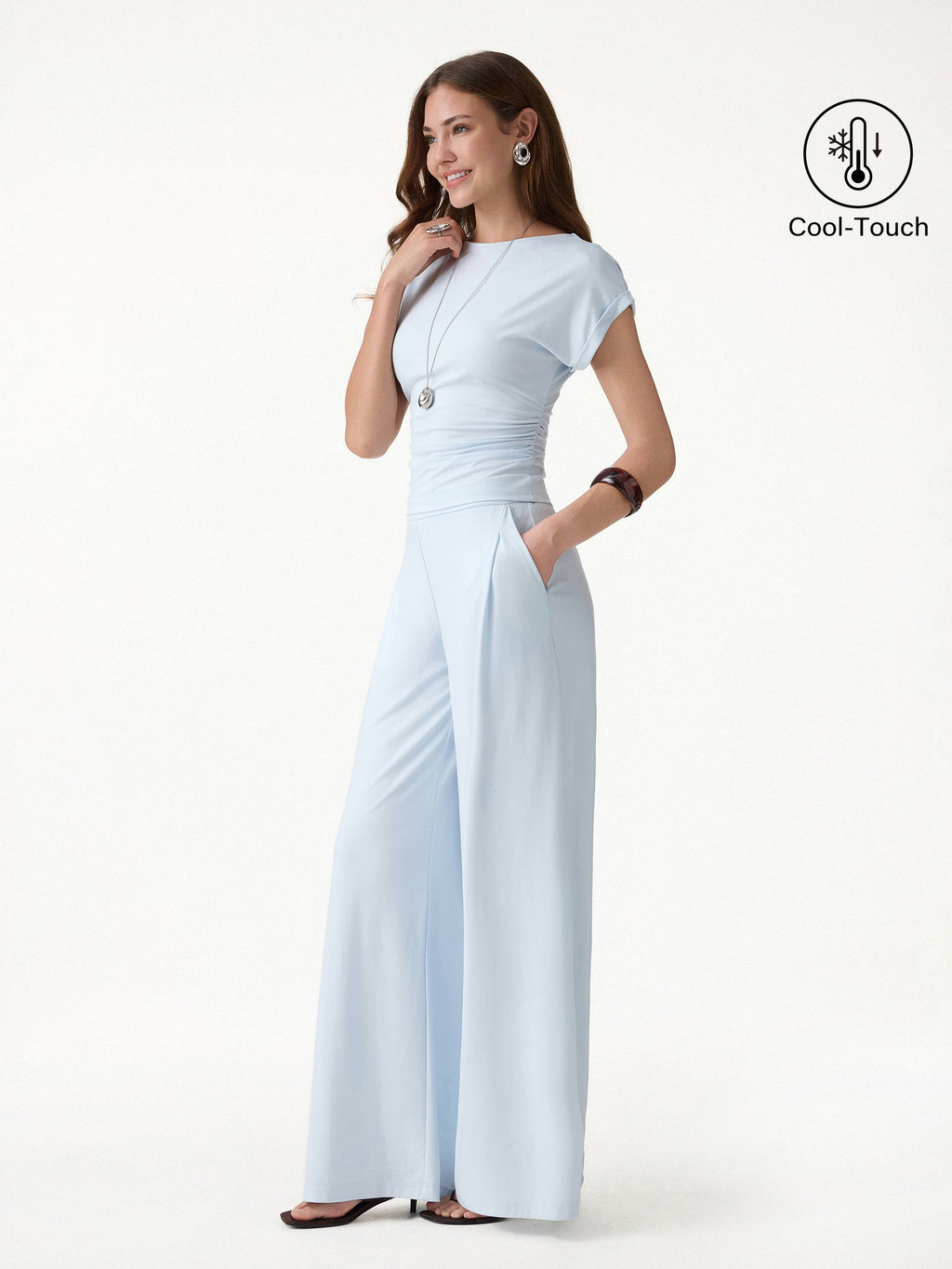 2Pcs Set Round Neck Ruched Tee & Mid Rise Wide Leg Pants