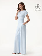 2Pcs Set Round Neck Ruched Tee & Mid Rise Wide Leg Pants