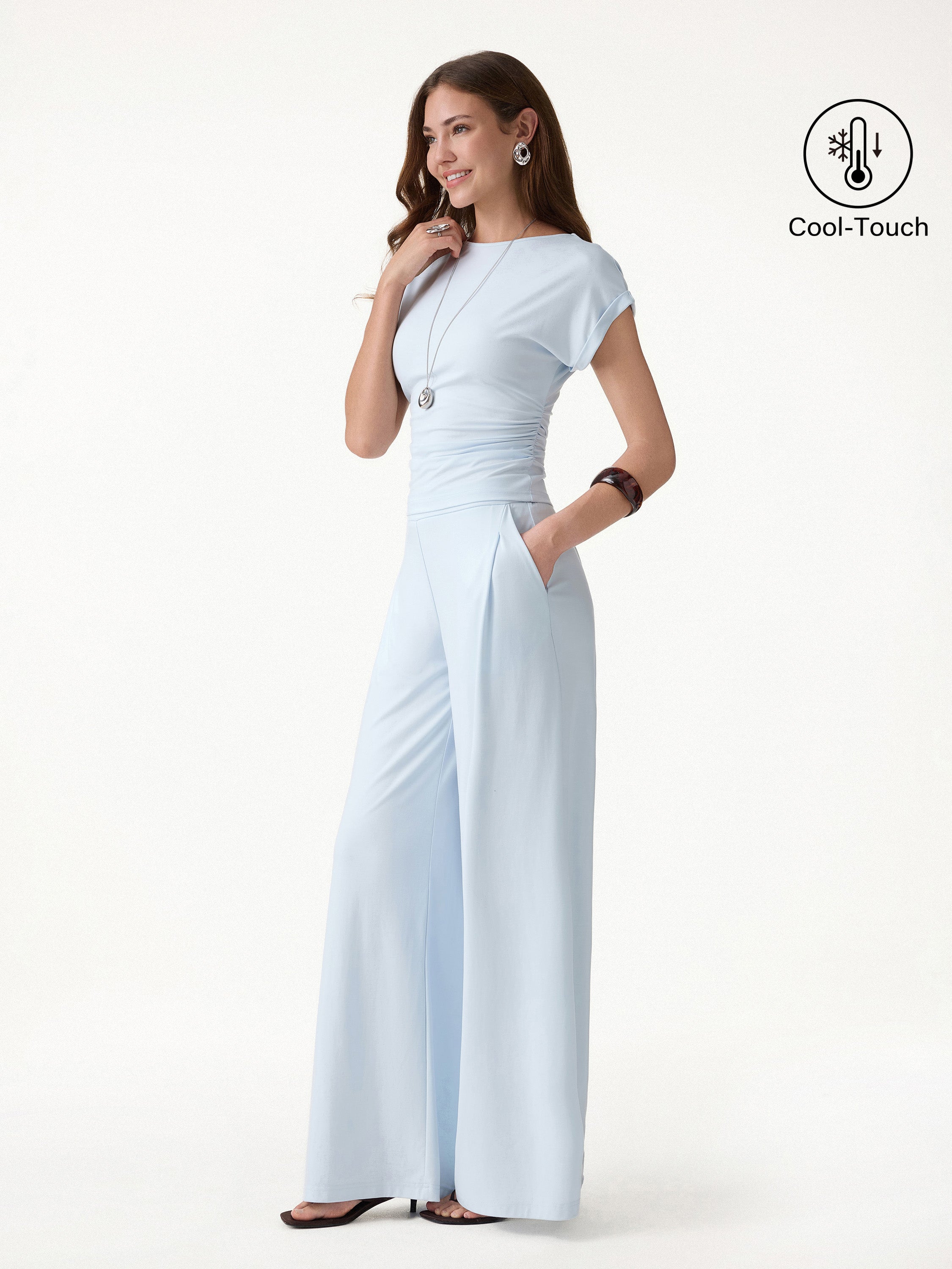 2Pcs Set Round Neck Ruched Tee & Mid Rise Wide Leg Pants