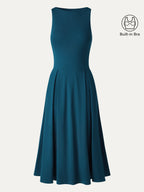 Boatneck Pleated Fit-and-Flare Midi Bra Dress with Pockets