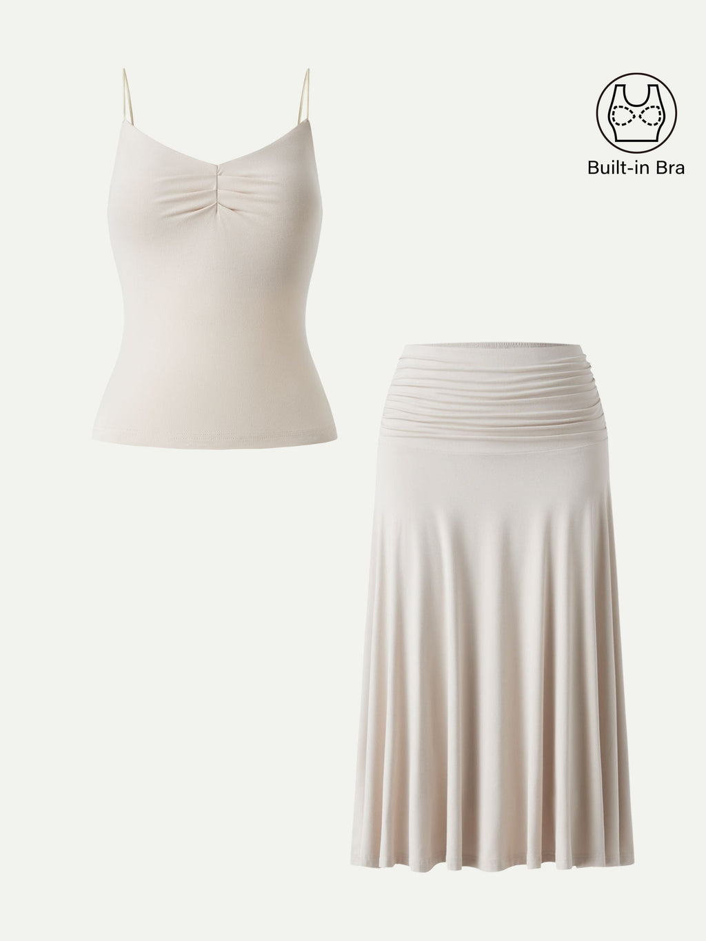2Pcs Set Front Tucked Spaghetti Brami & A-line Midi Skirt