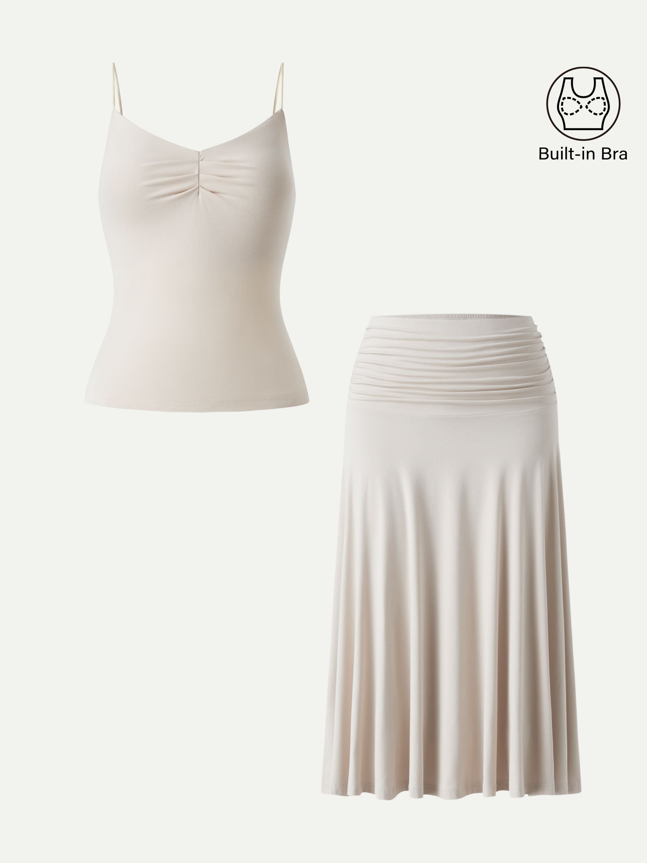 2Pcs Set Front Tucked Spaghetti Brami & A-line Midi Skirt