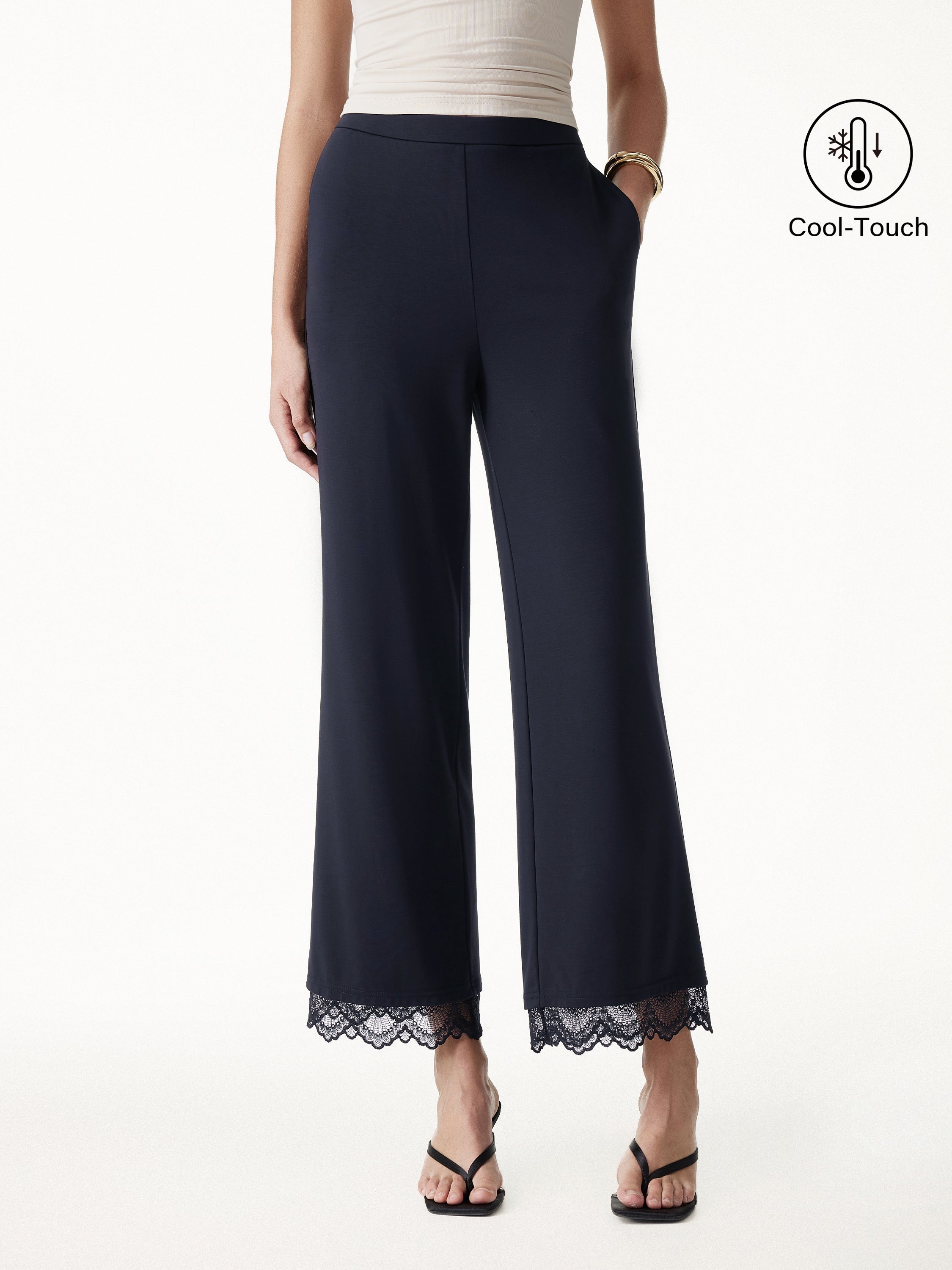 Lace Trim Draped Mid Rise Wide Leg Pants with Pockets