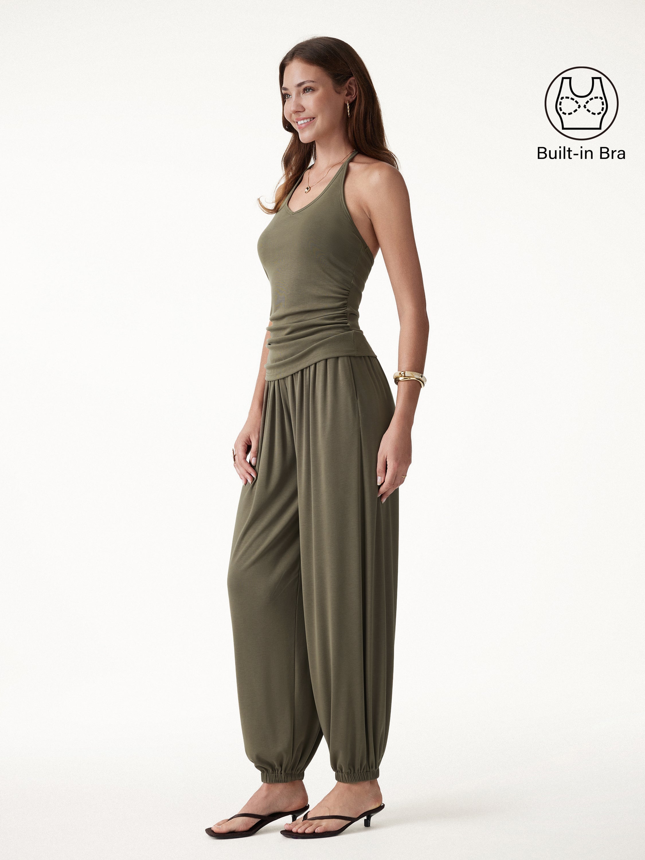 2Pcs Set Open Back Bra Top & Balloon Pants with Pockets