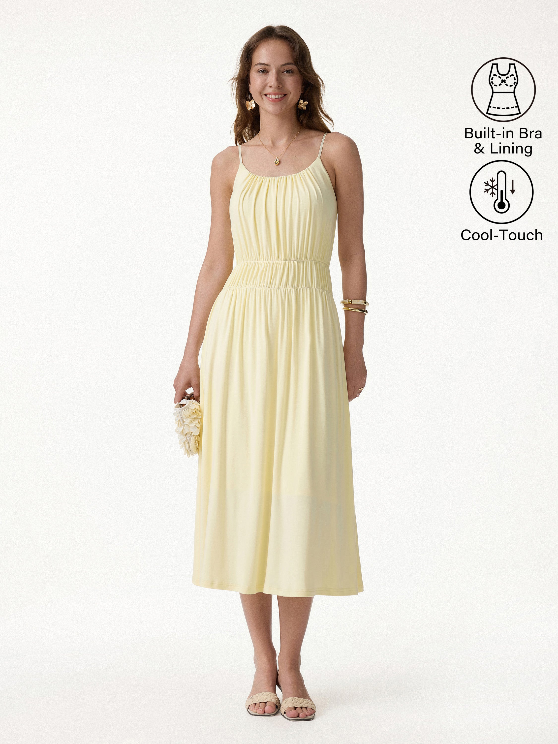 Vacay Gathered U-Neck Spaghetti Midi Bra Dress with Pockets