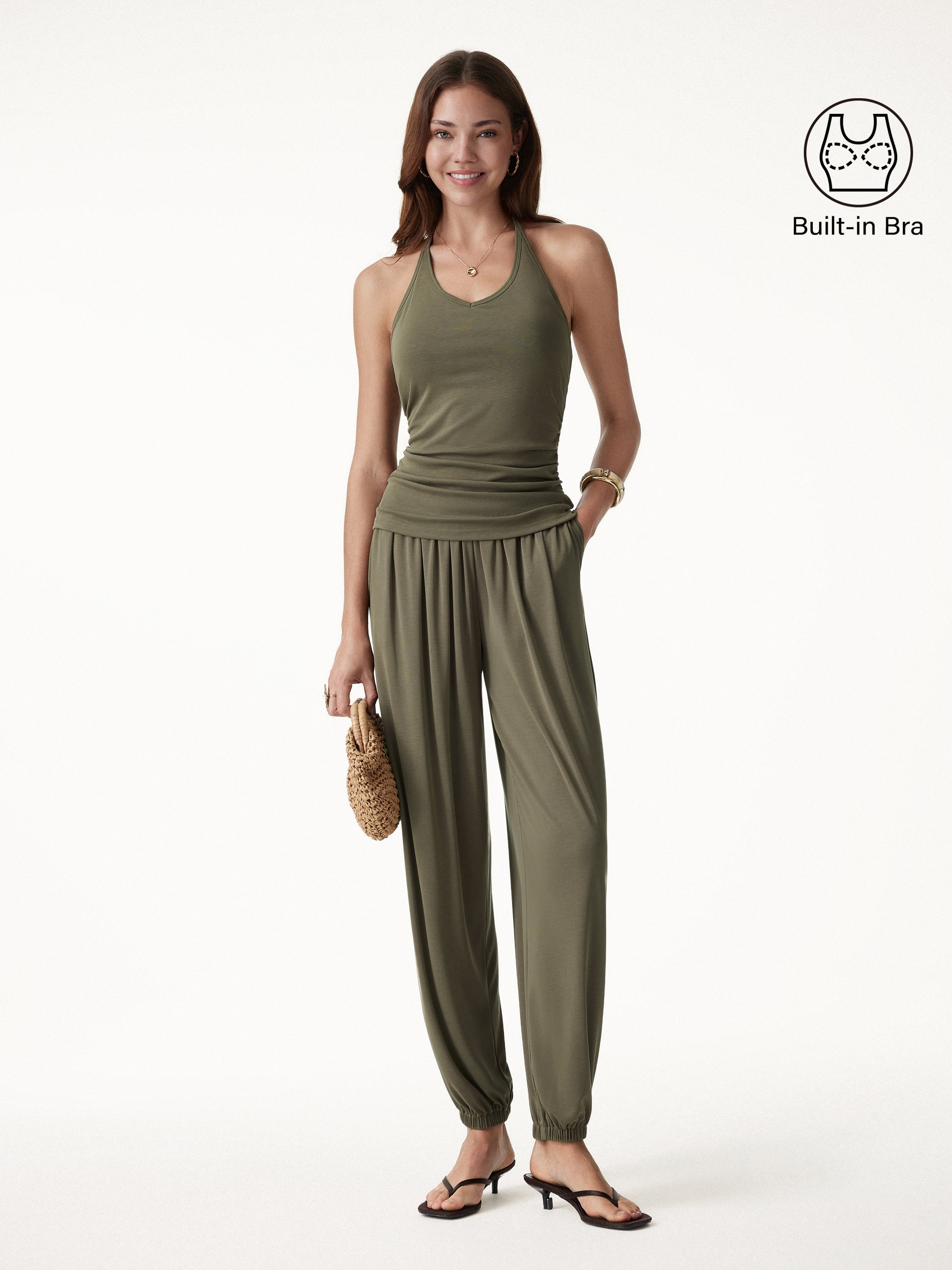 2Pcs Set Open Back Bra Top & Balloon Pants with Pockets