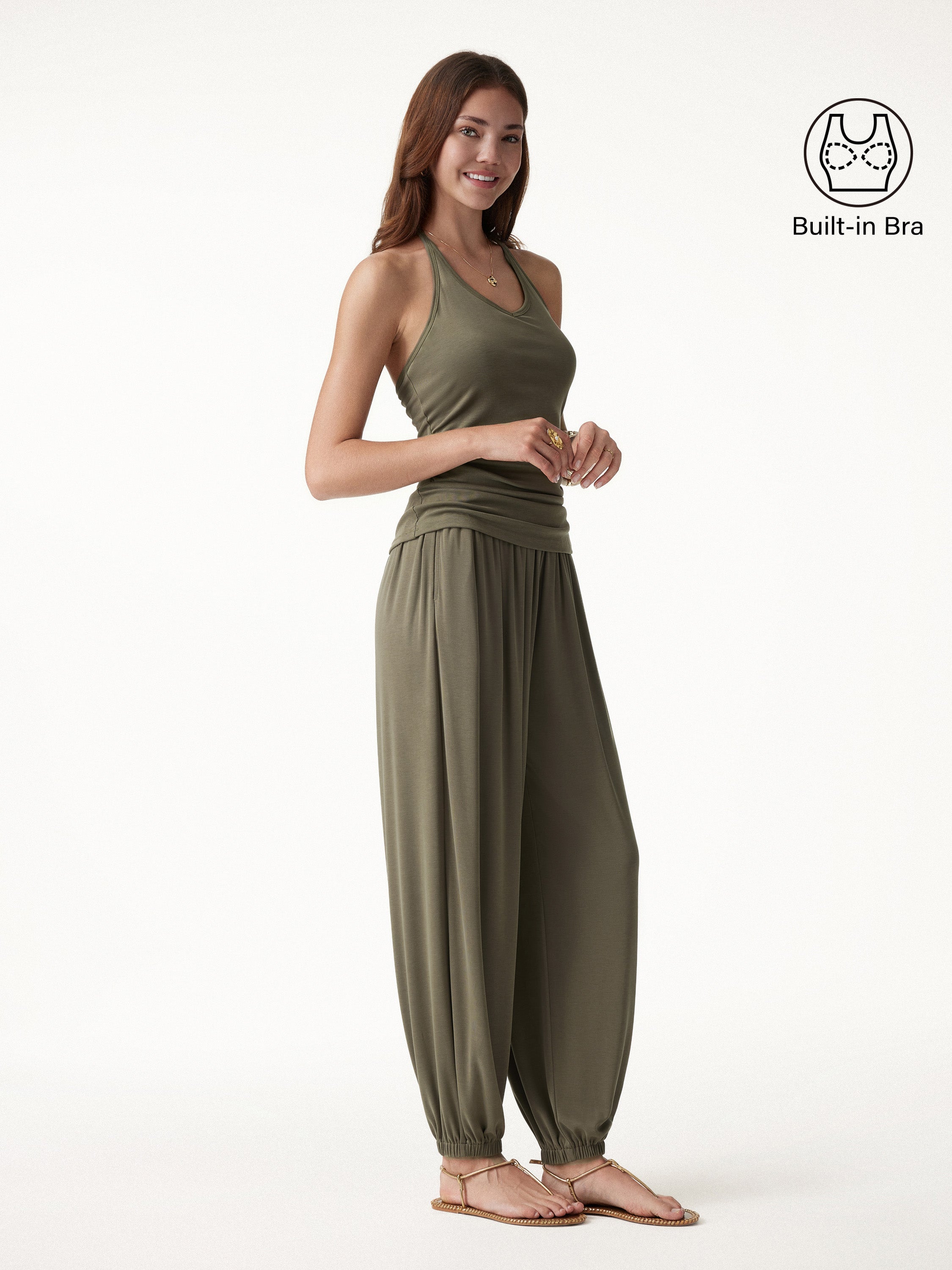 2Pcs Set Open Back Bra Top & Balloon Pants with Pockets