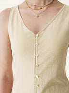 2Pcs Set V-neck Button Front Midi Vest Dress & Mid Rise Straight Leg Pant