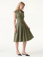 Viscose-Linen Collared V-neck Midi Dress with Drawstring