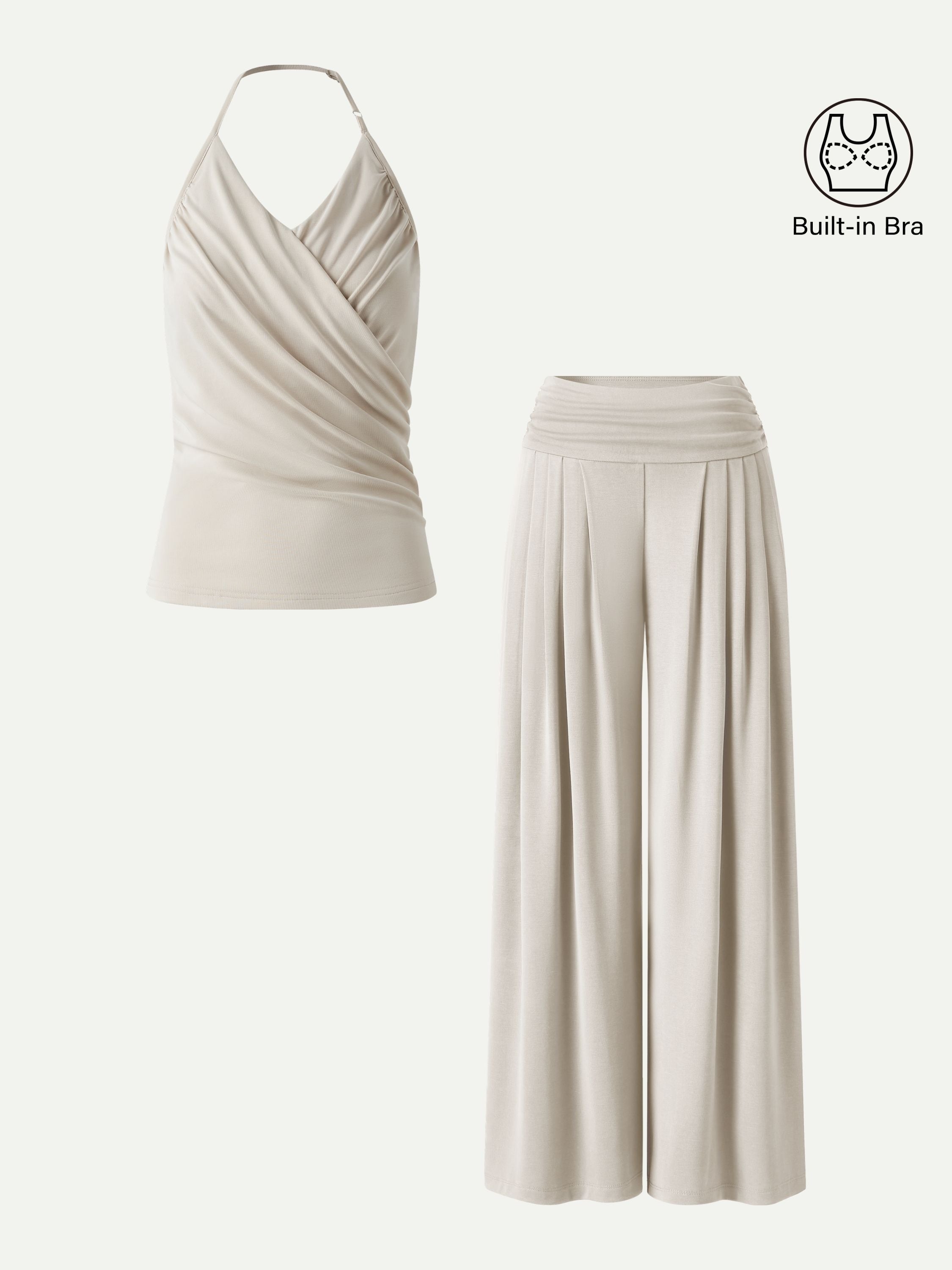 2Pcs Set Halter Neck Surplice Bra Top & Tucked Palazzo Pant with Pockets