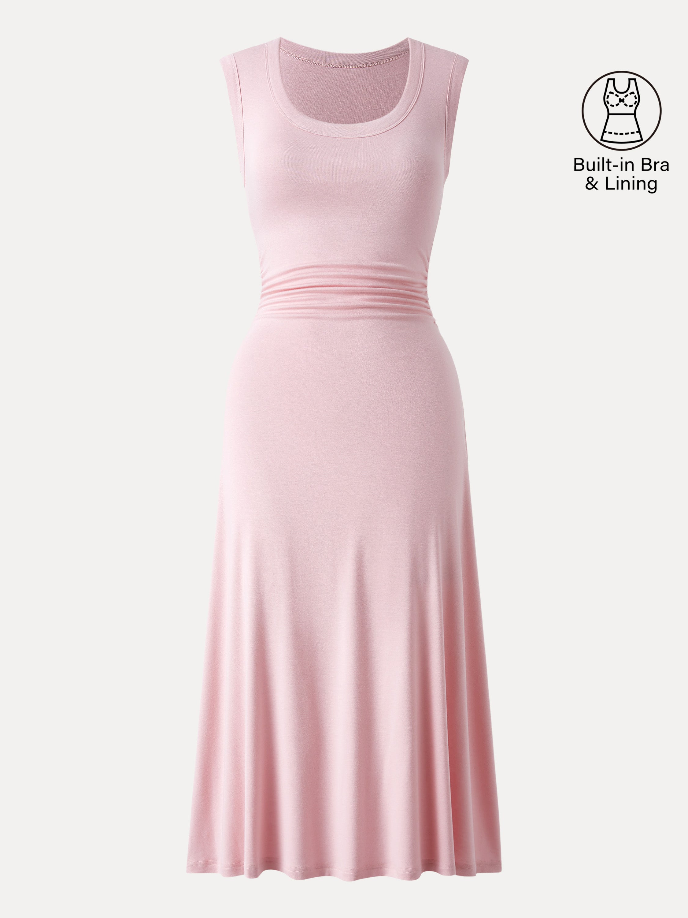 Scoop Neck Side Ruched New Airy Bra Midi Dress