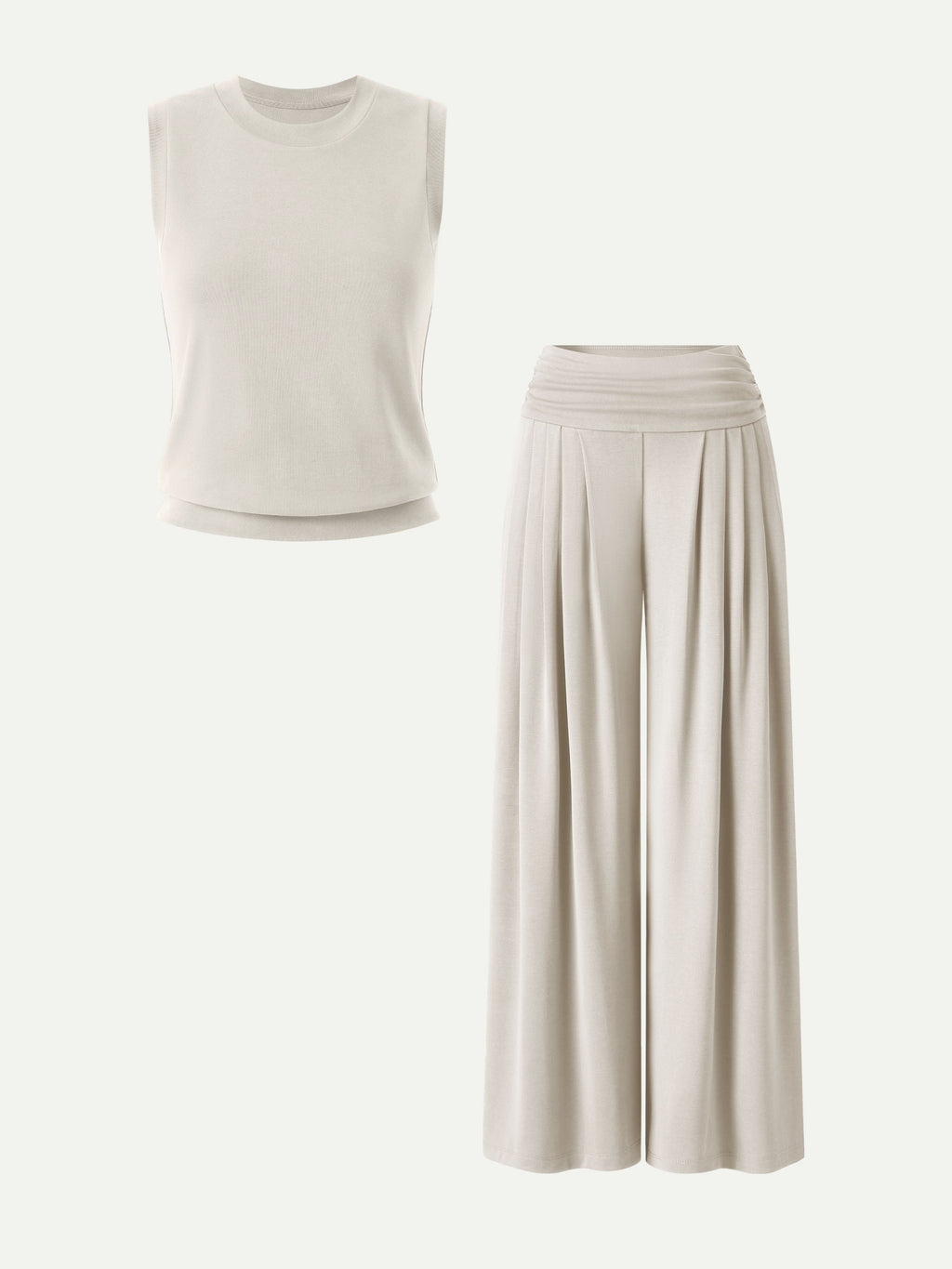 2Pcs Set Crew Neck Top & Flowy Tucked Palazzo Pant with Pockets