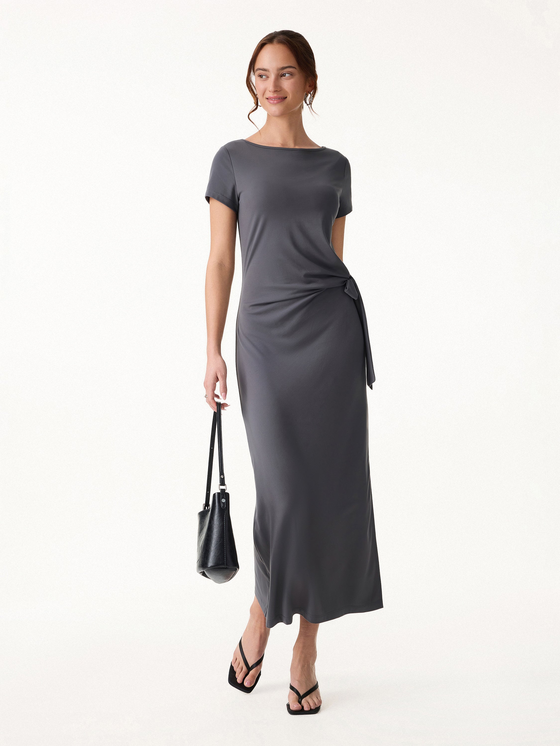 Cooling Wrinkle-Resistant Side Waist Tie Midi Dress with Slit