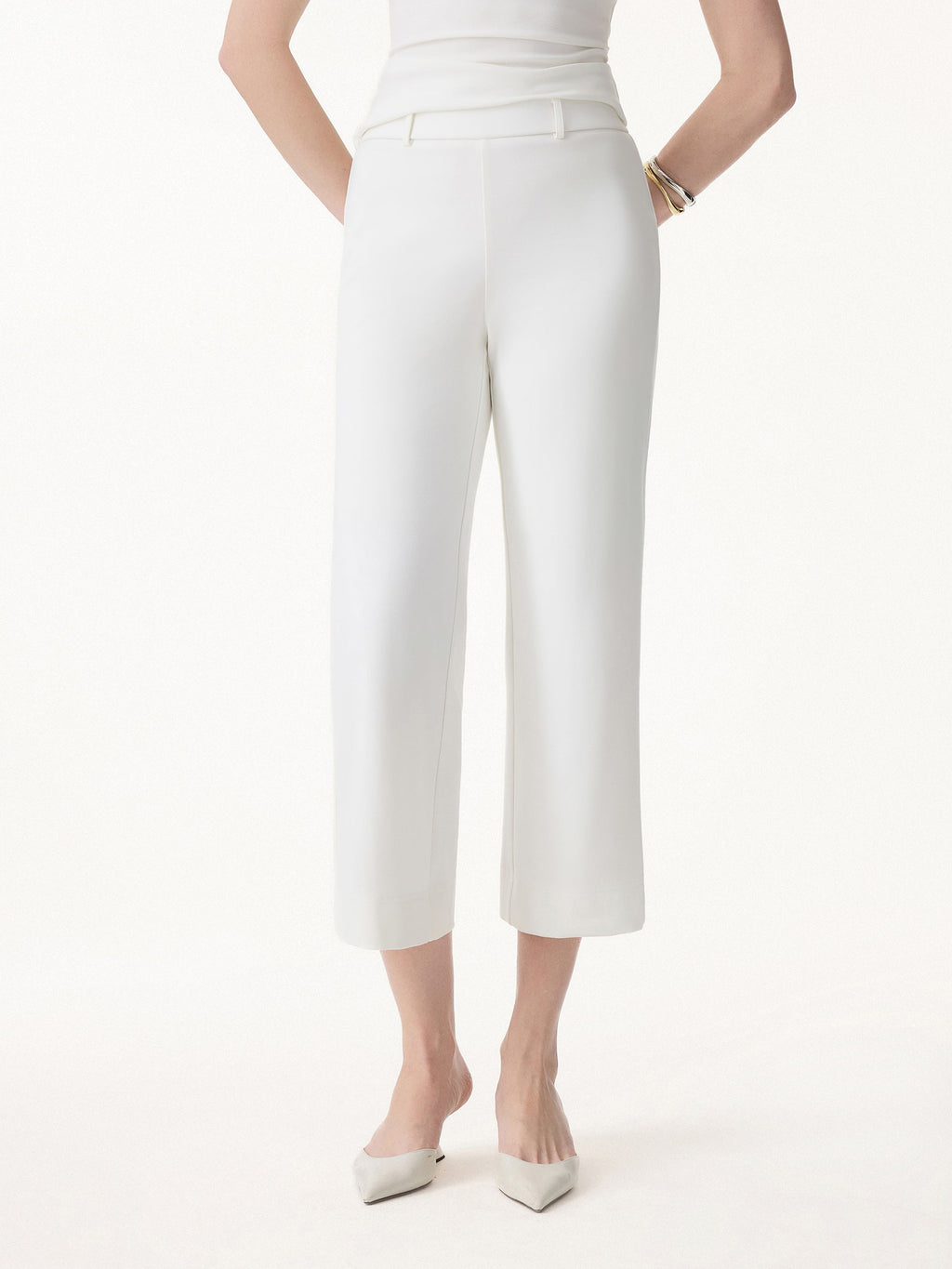 Not-See-Thru Mid Rise Cropped Wide Leg Pants with Pockets