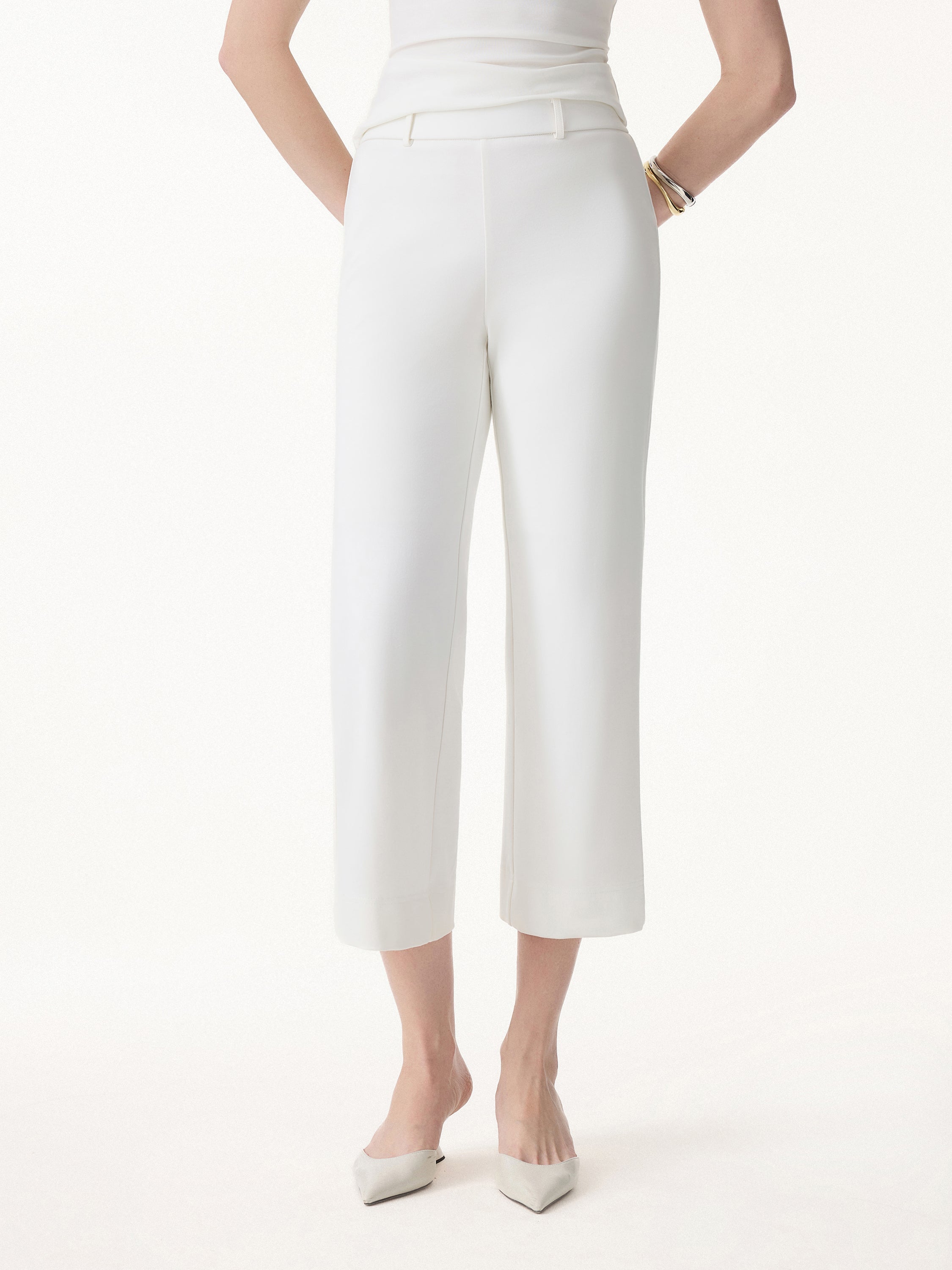 Not-See-Thru Mid Rise Cropped Wide Leg Pants with Pockets