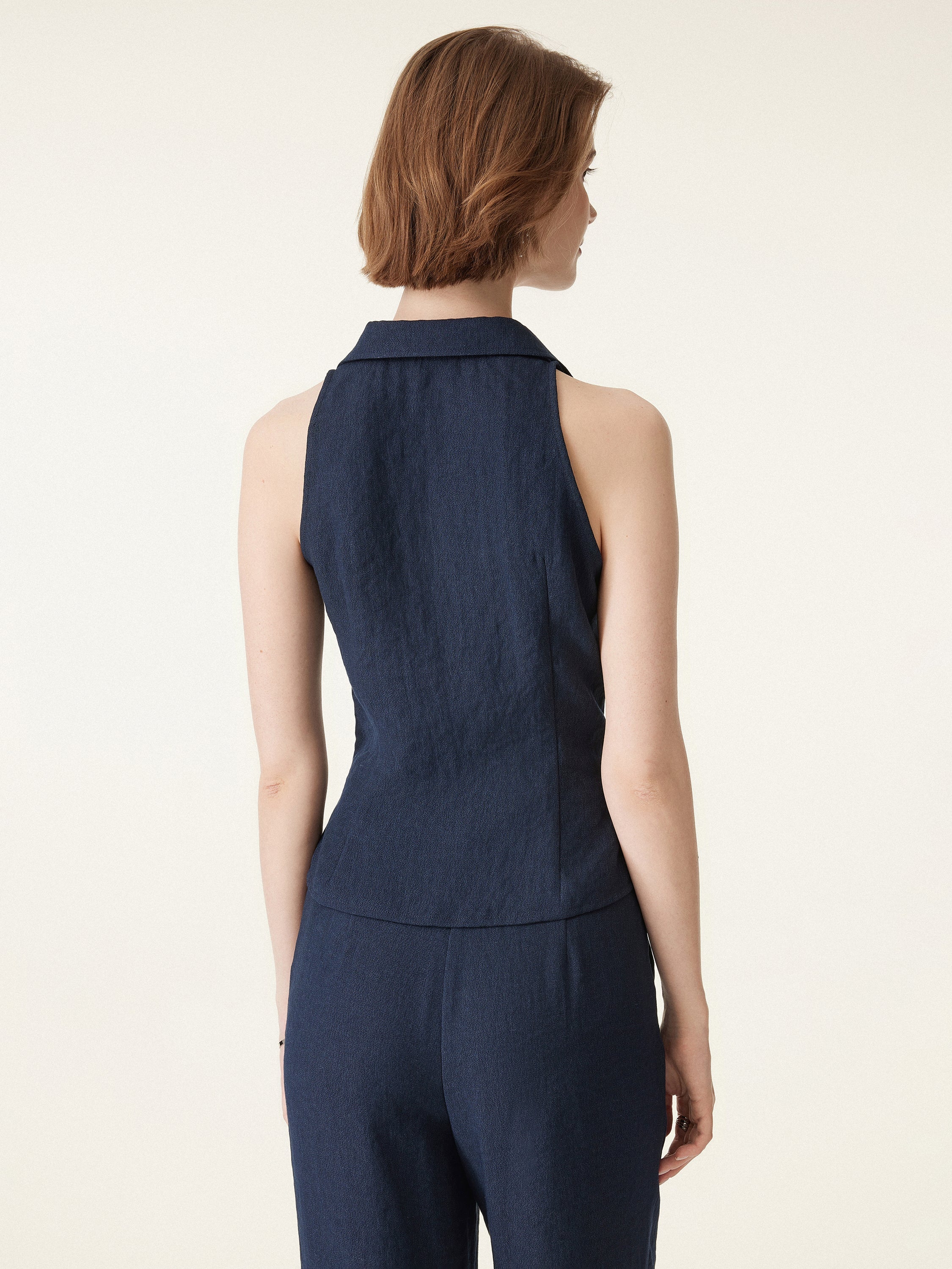 2Pcs Set Collared V-neck Sleeveless Top & Mid Rise Flared Pant with Pockets