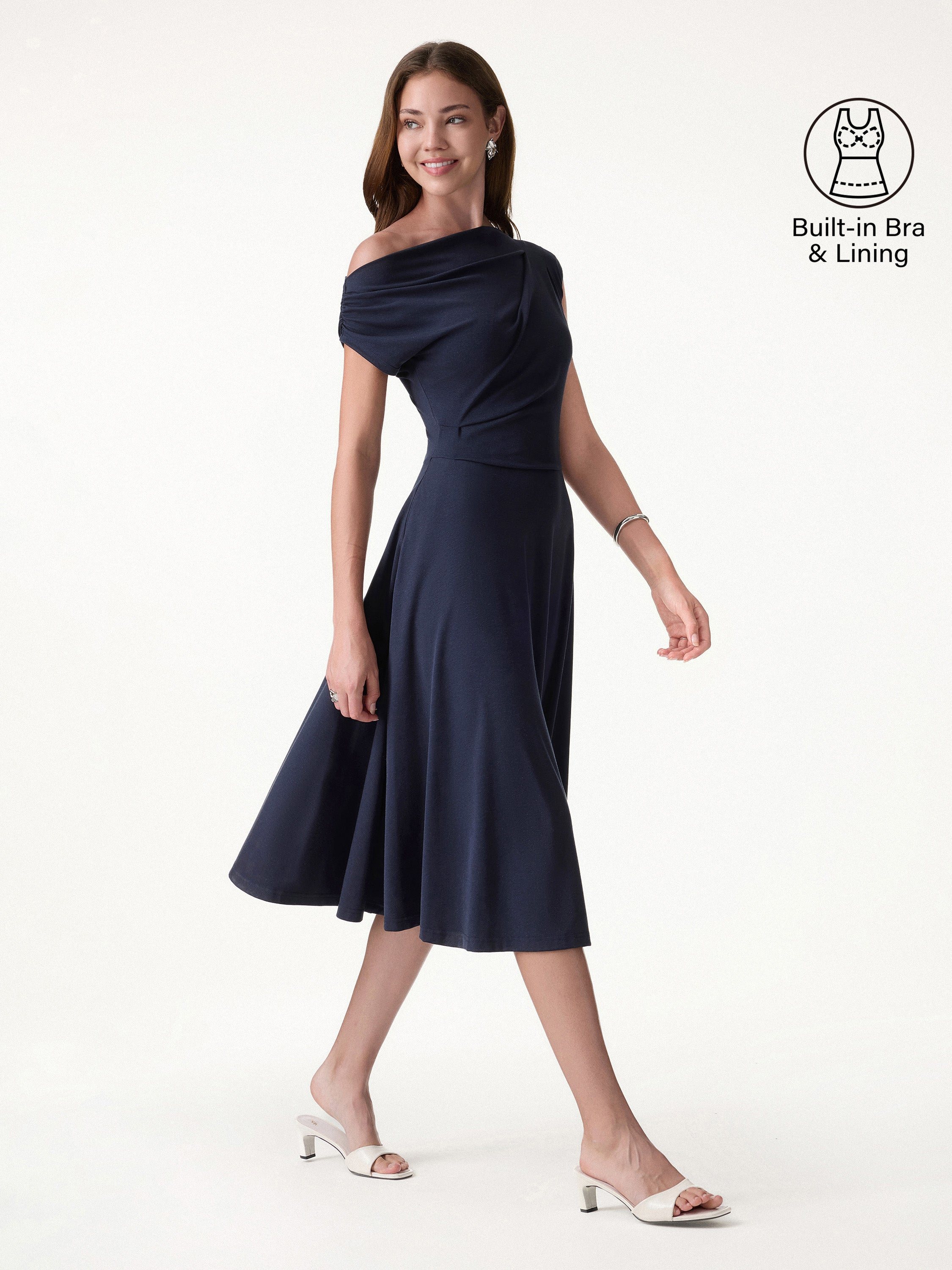 Asymmetrical Shoulder Tucked Midi Bra Dress with Pockets