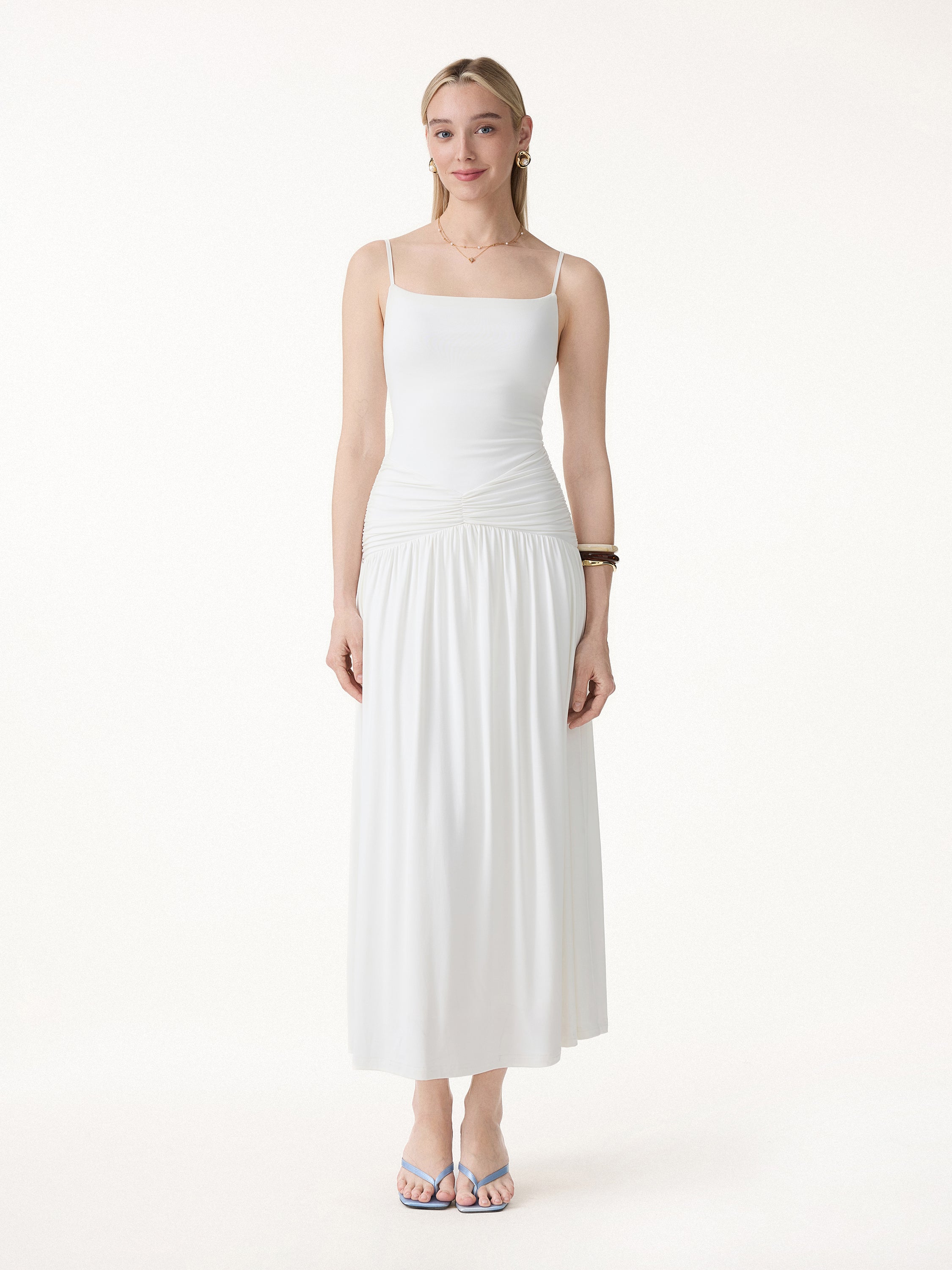 Not-See-Thru Spaghetti Gathered Maxi Bra Dress