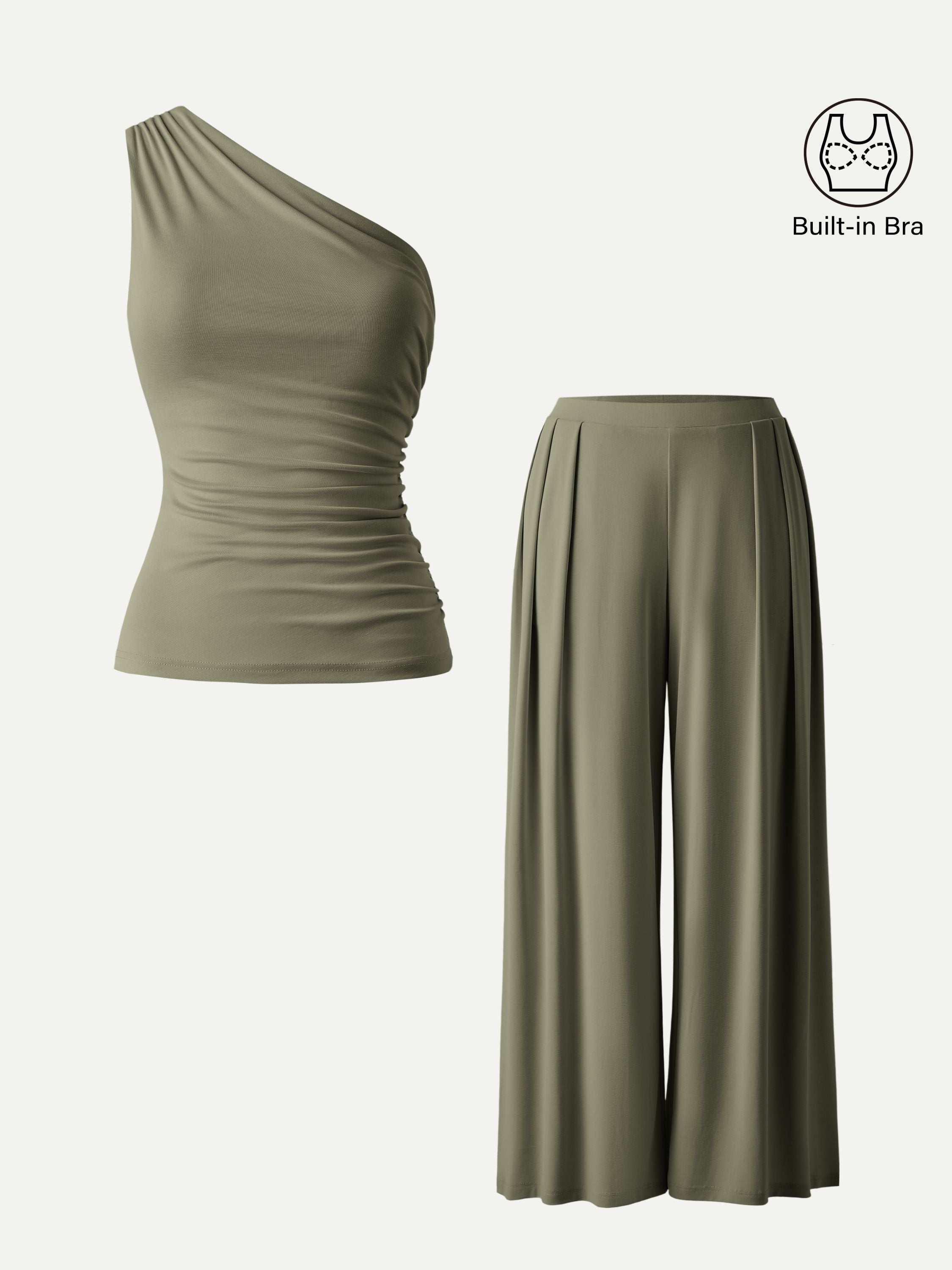 2Pcs Set Regular Wide Leg Palazzo Pant with Pockets & Ruched Bra Tank