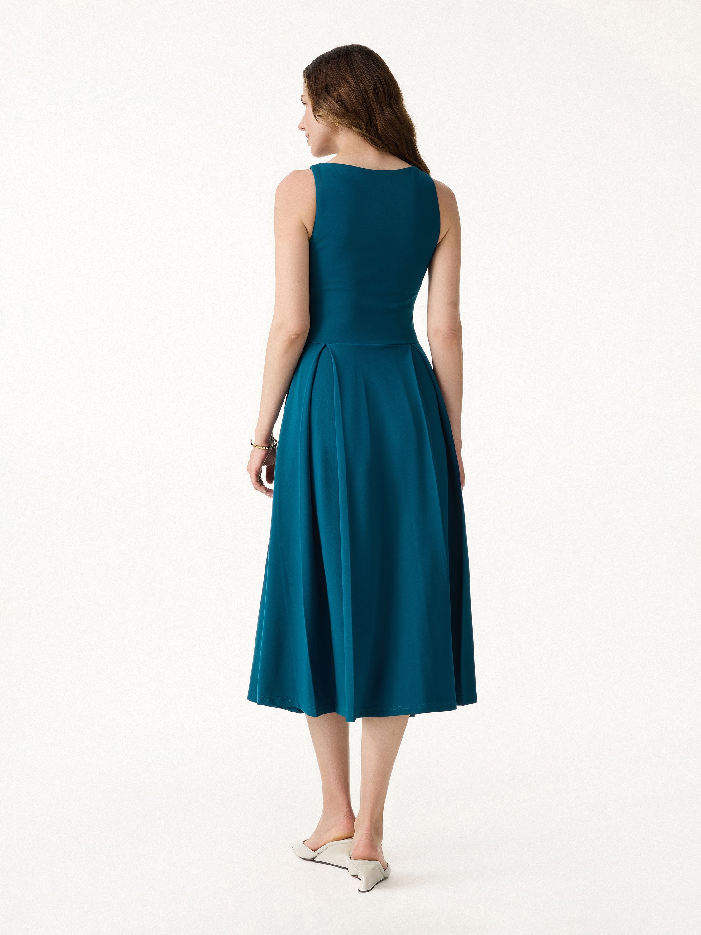 Boatneck Pleated Fit-and-Flare Midi Bra Dress with Pockets