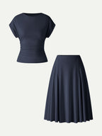 2Pcs Set Round Neck Tee & Midi Skirt with Pockets