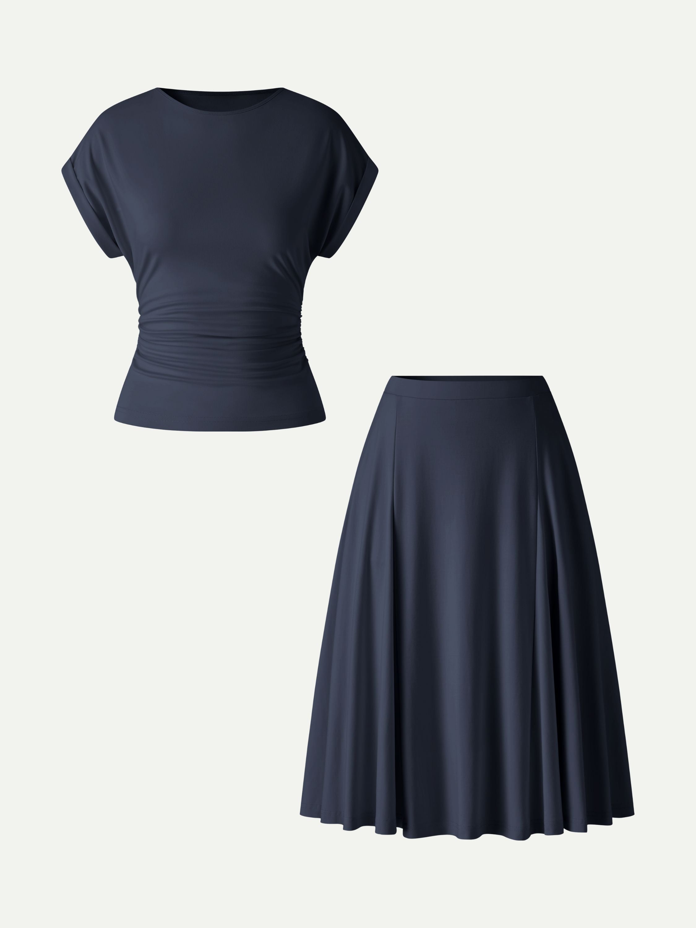 2Pcs Set Round Neck Tee & Midi Skirt with Pockets