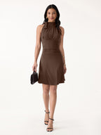 Milky Matte Mockneck Bow Tie Ruched Mini Bra Dress