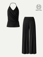 2Pcs Set Halter Neck Surplice Bra Top & Tucked Palazzo Pant with Pockets