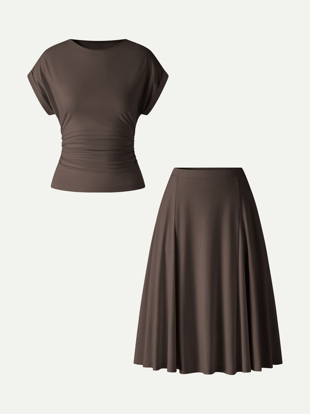 2Pcs Set Round Neck Tee & Midi Skirt with Pockets