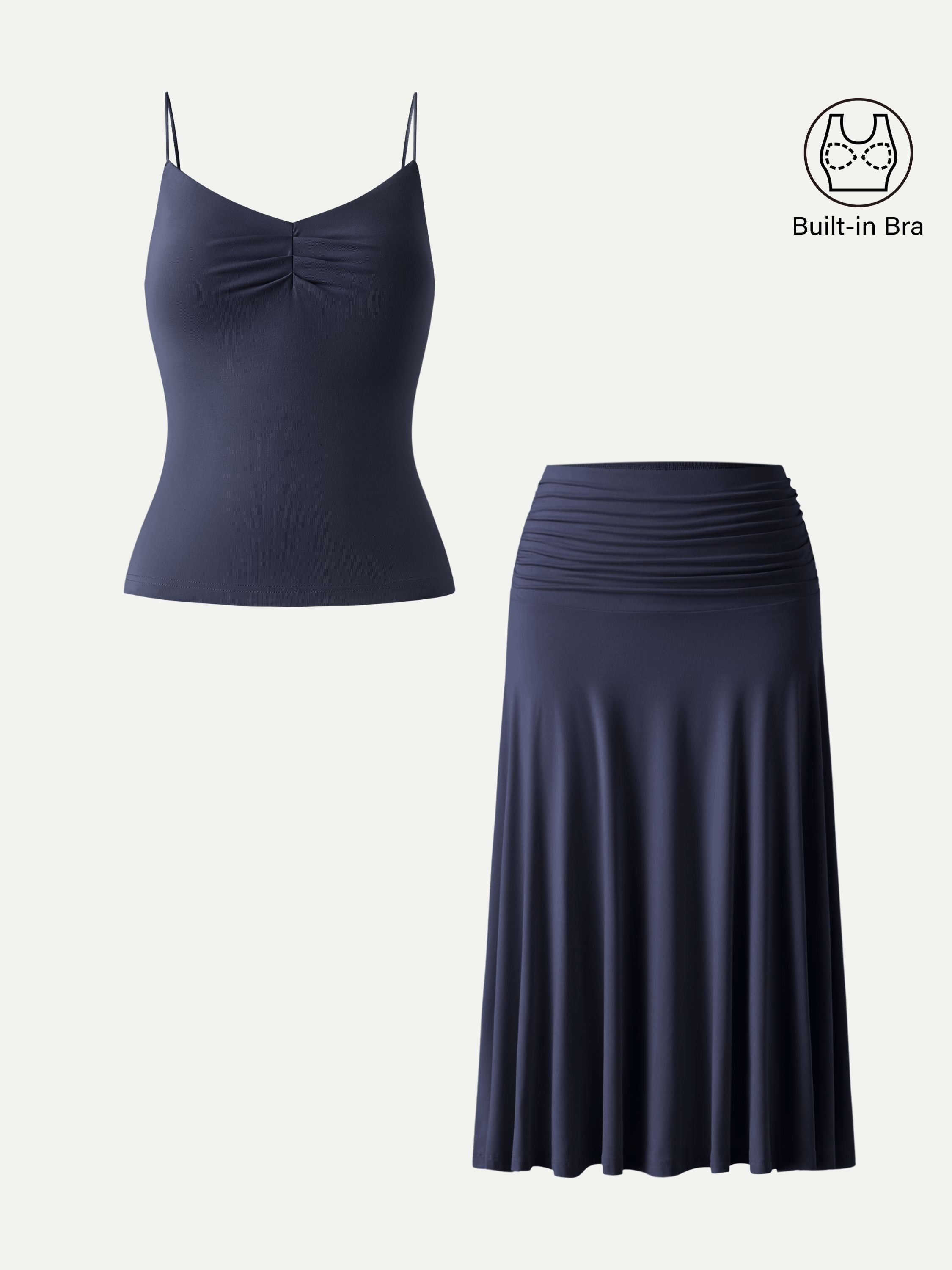2Pcs Set Front Tucked Spaghetti Brami & A-line Midi Skirt