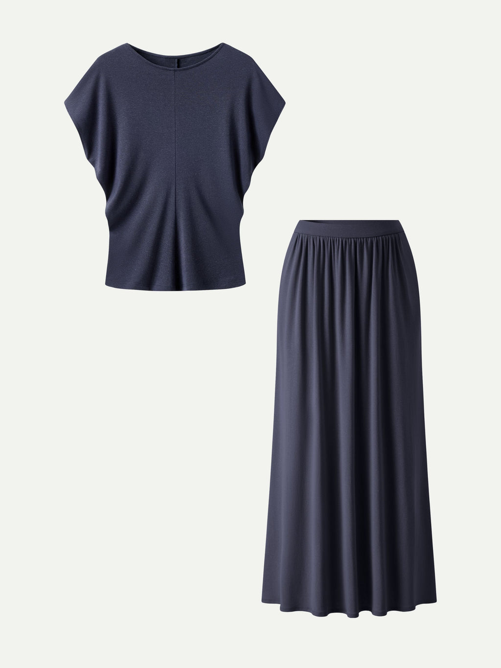 2Pcs Set Round Neck Top & A-Line Maxi Skirt with Pockets