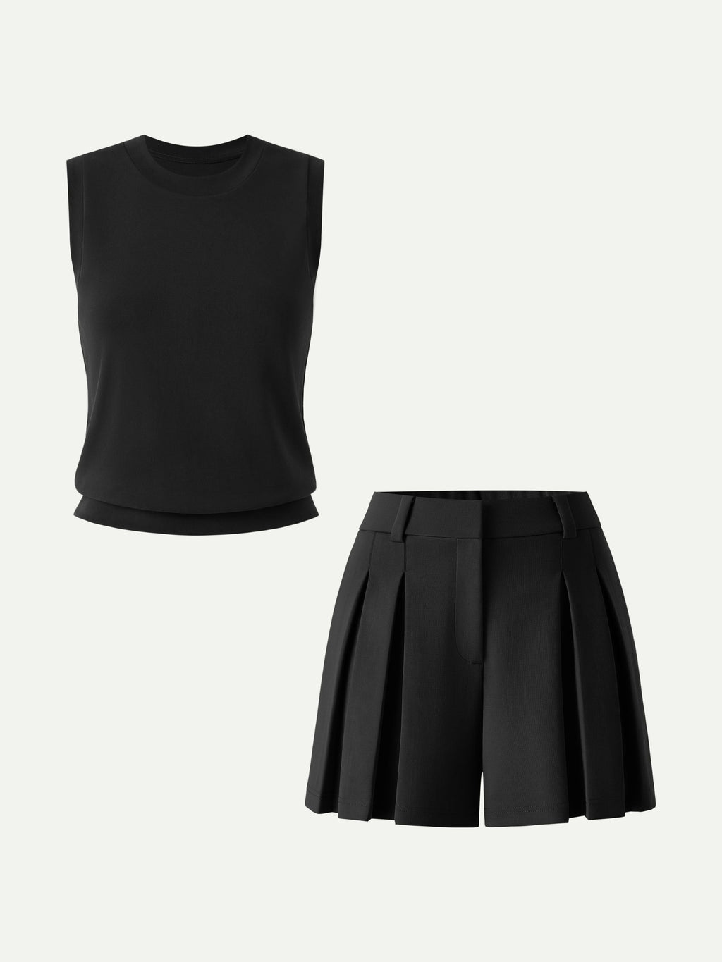 2Pcs Set Crew Neck Top & High Rise A-Line Pleated Shorts
