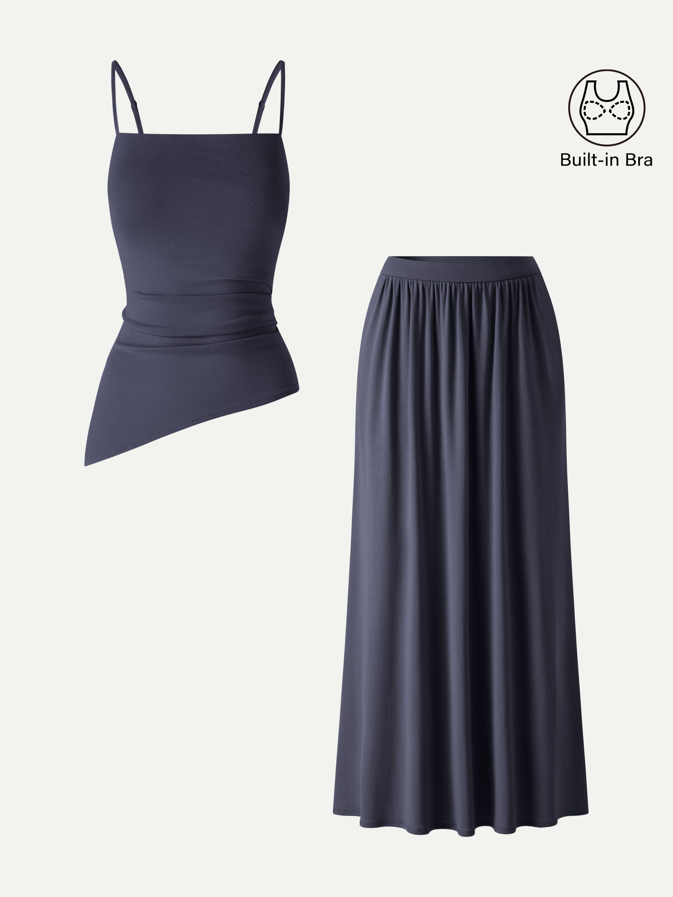 2Pcs Set Spaghetti Bra Top with Side Slit & A-Line Maxi Skirt with Pockets