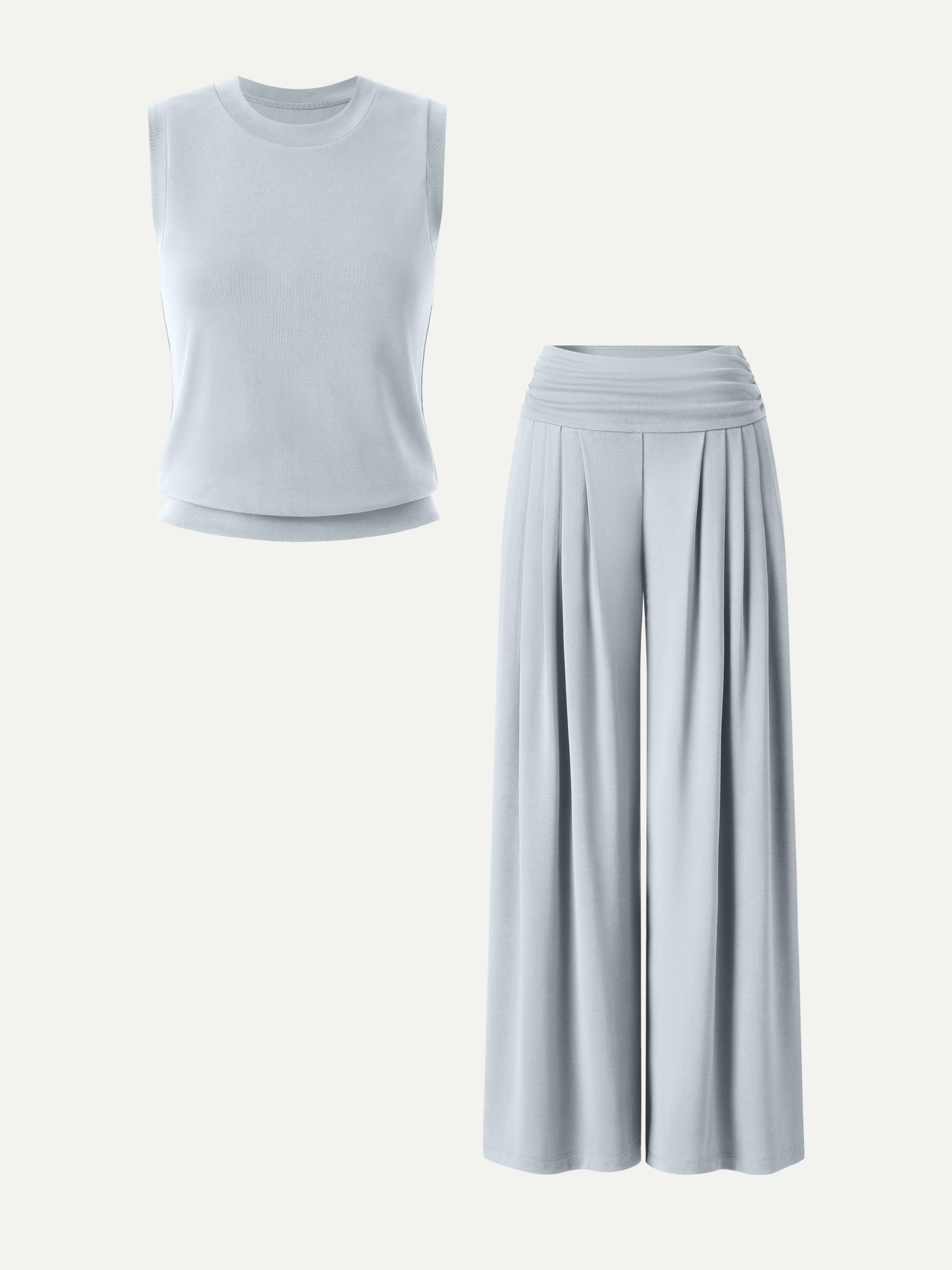 2Pcs Set Crew Neck Top & Flowy Tucked Palazzo Pant with Pockets