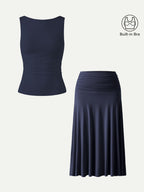 2Pcs Set Open Back Bra Tank & Side Ruched A-line Midi Skirt