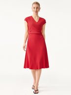 Stretch Cotton Surplice V-neck Cap Sleeve Midi Dress