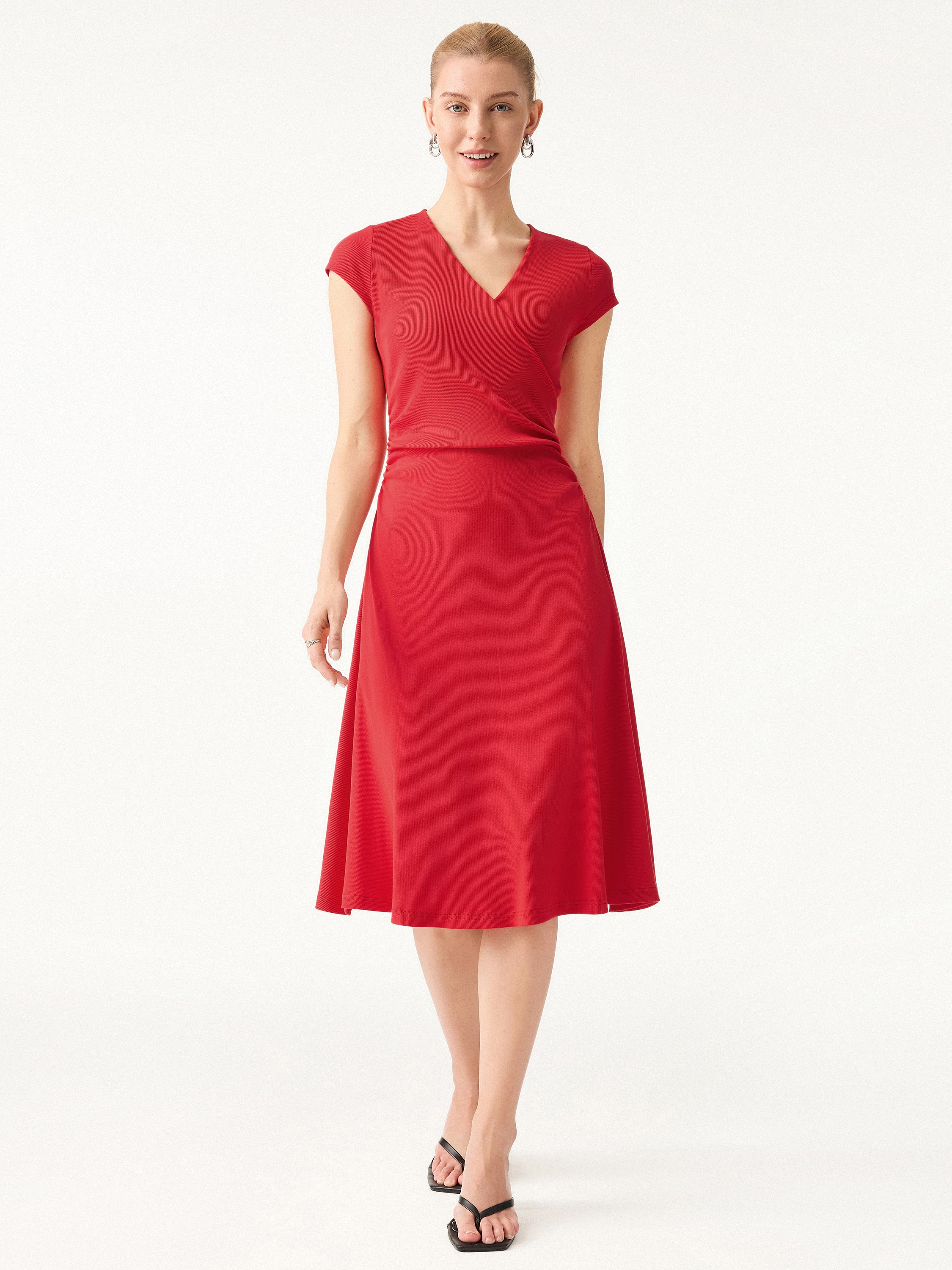 Stretch Cotton Surplice V-neck Cap Sleeve Midi Dress